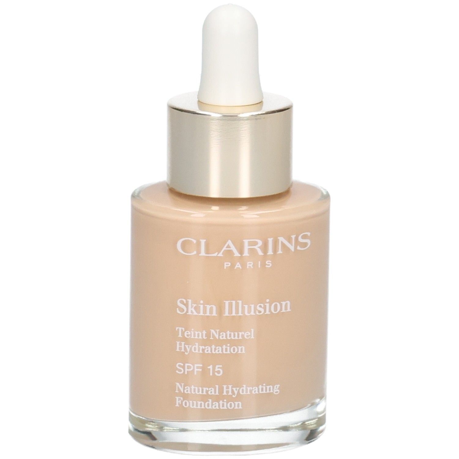 Clarins Skin Illusion foundation in glazen fles met druppelaar. Kleur 110 Honey.