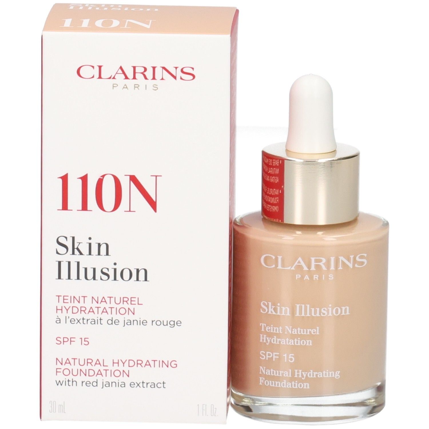 Clarins Skin Illusion foundation (110 Honey) met verpakking. SPF 15.