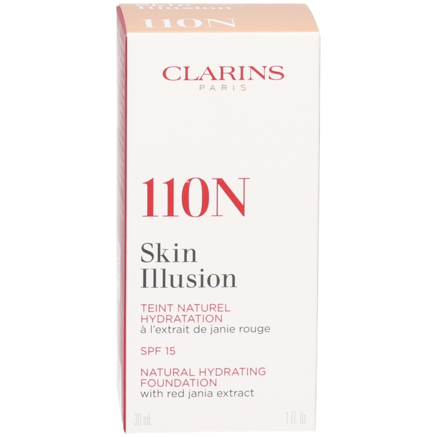 Clarins Skin Illusion foundation (110 Honey) met verpakking. SPF 15.
