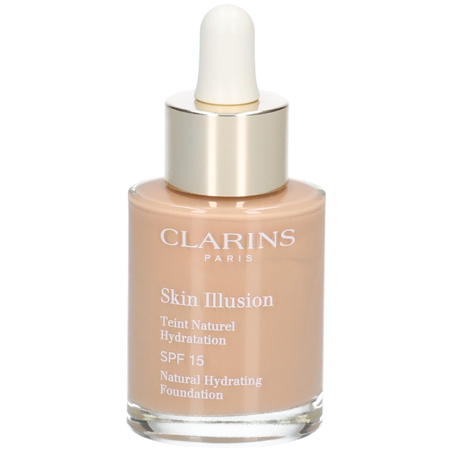 Clarins Skin Illusion Foundation, tint 112 Amber, glazen fles met druppelaar.