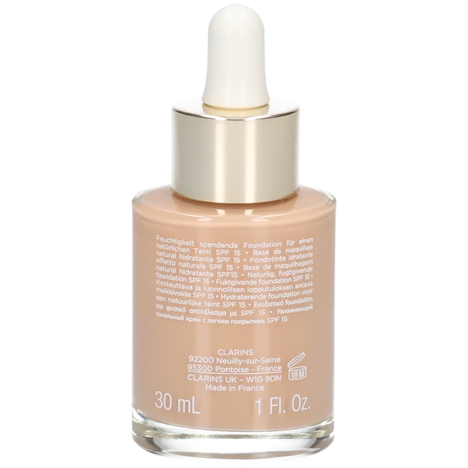 Clarins Skin Illusion Foundation, tint 112 Amber, 30ml, achterkant met details.