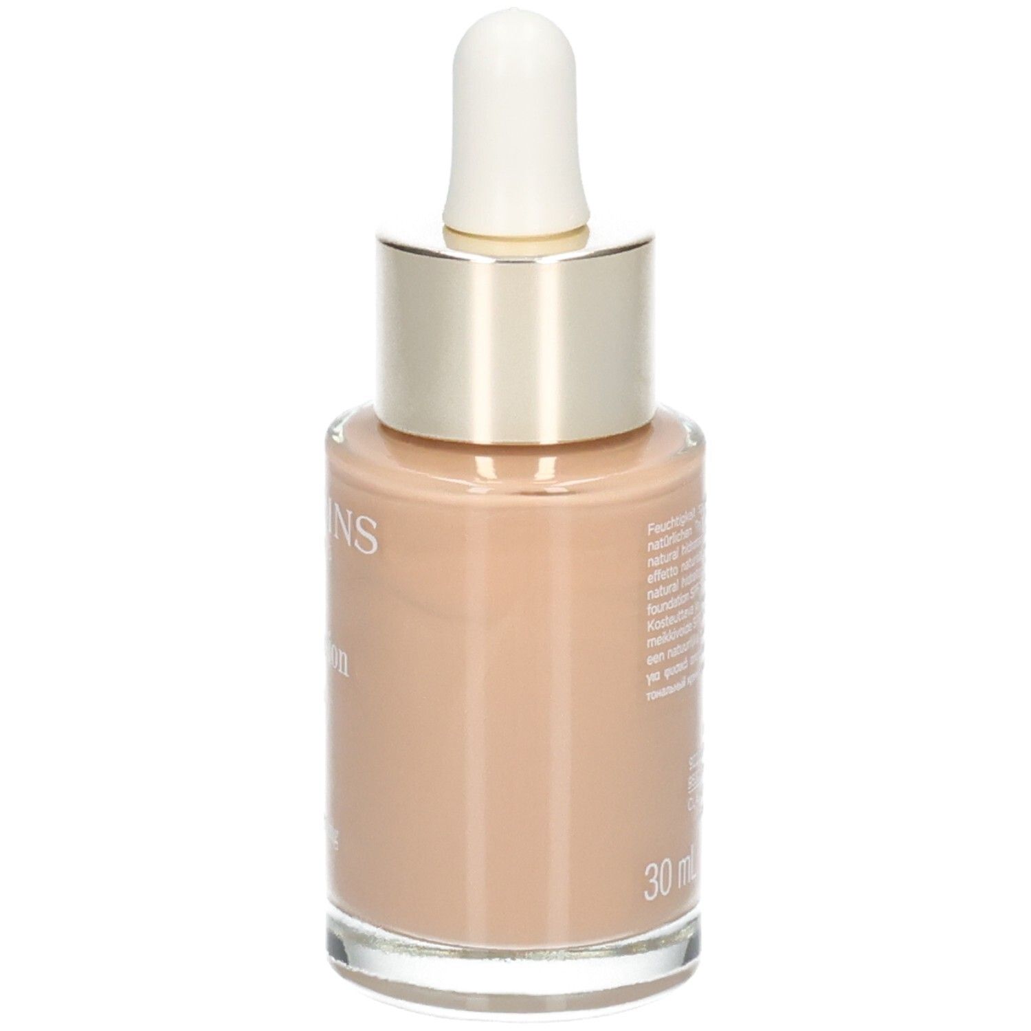 Clarins Skin Illusion Foundation, tint 112 Amber, zijaanzicht van de glazen fles.