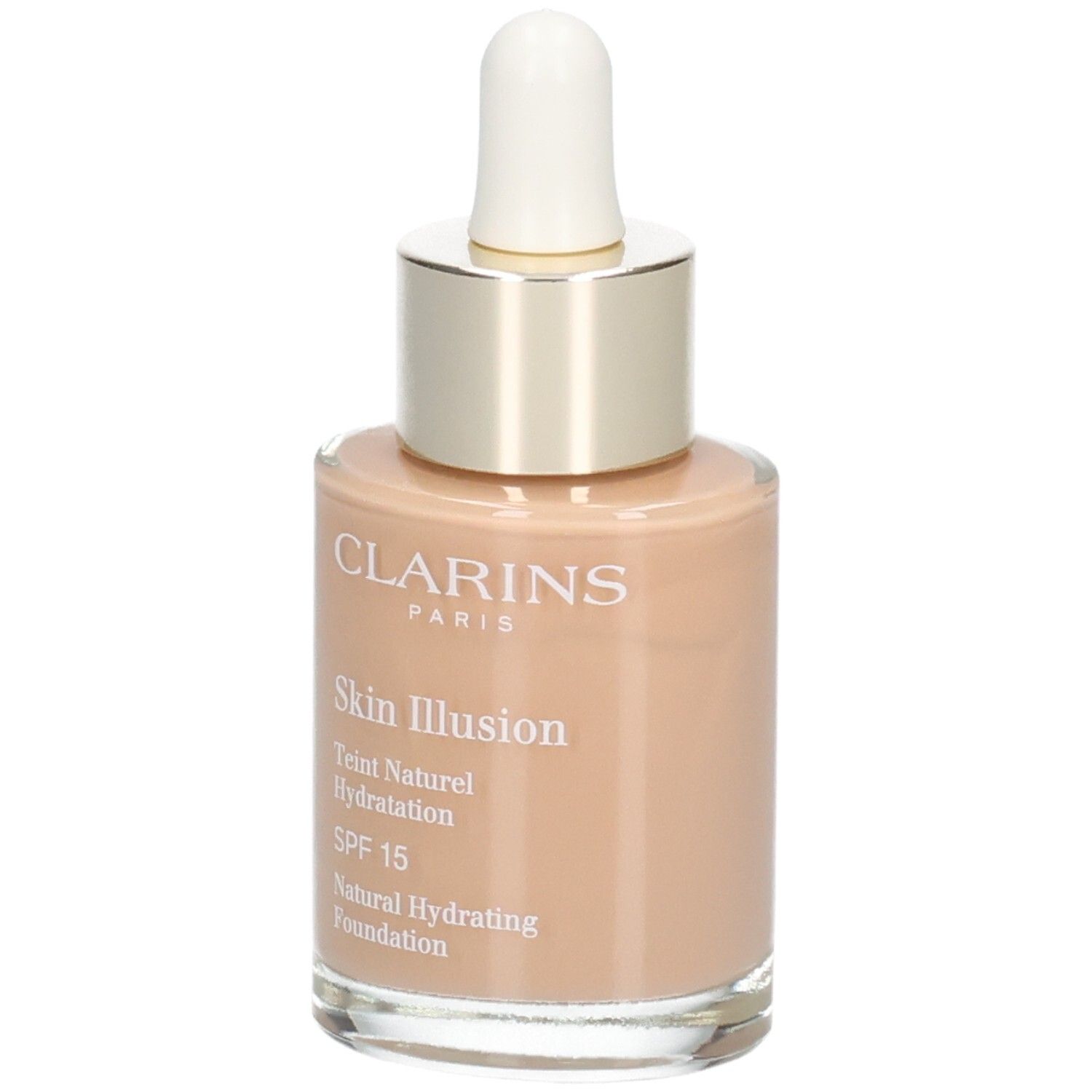 Clarins Skin Illusion Foundation, tint 112 Amber, glazen fles met druppelaar, vooraanzicht.