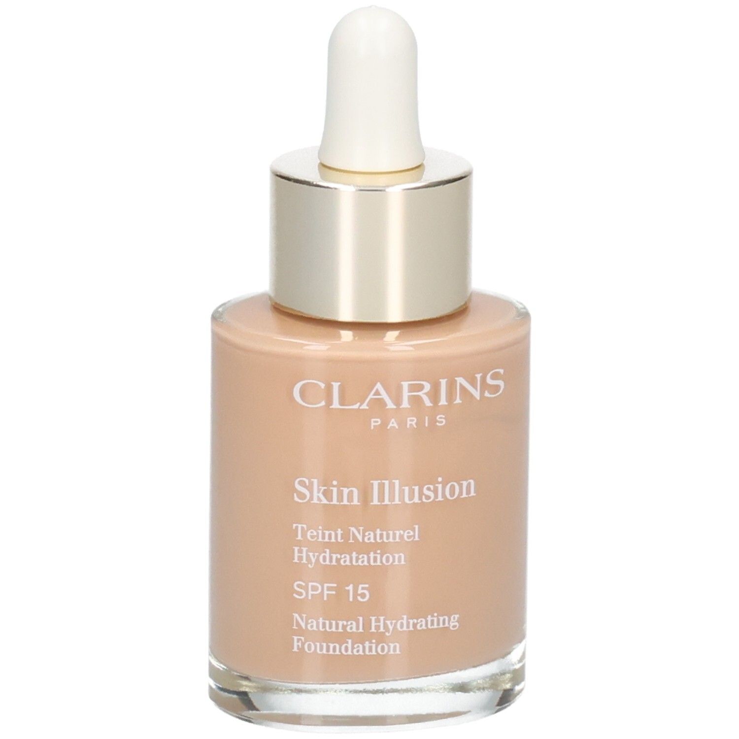 Clarins Skin Illusion Foundation, tint 112 Amber, glazen fles met druppelaar, vooraanzicht.