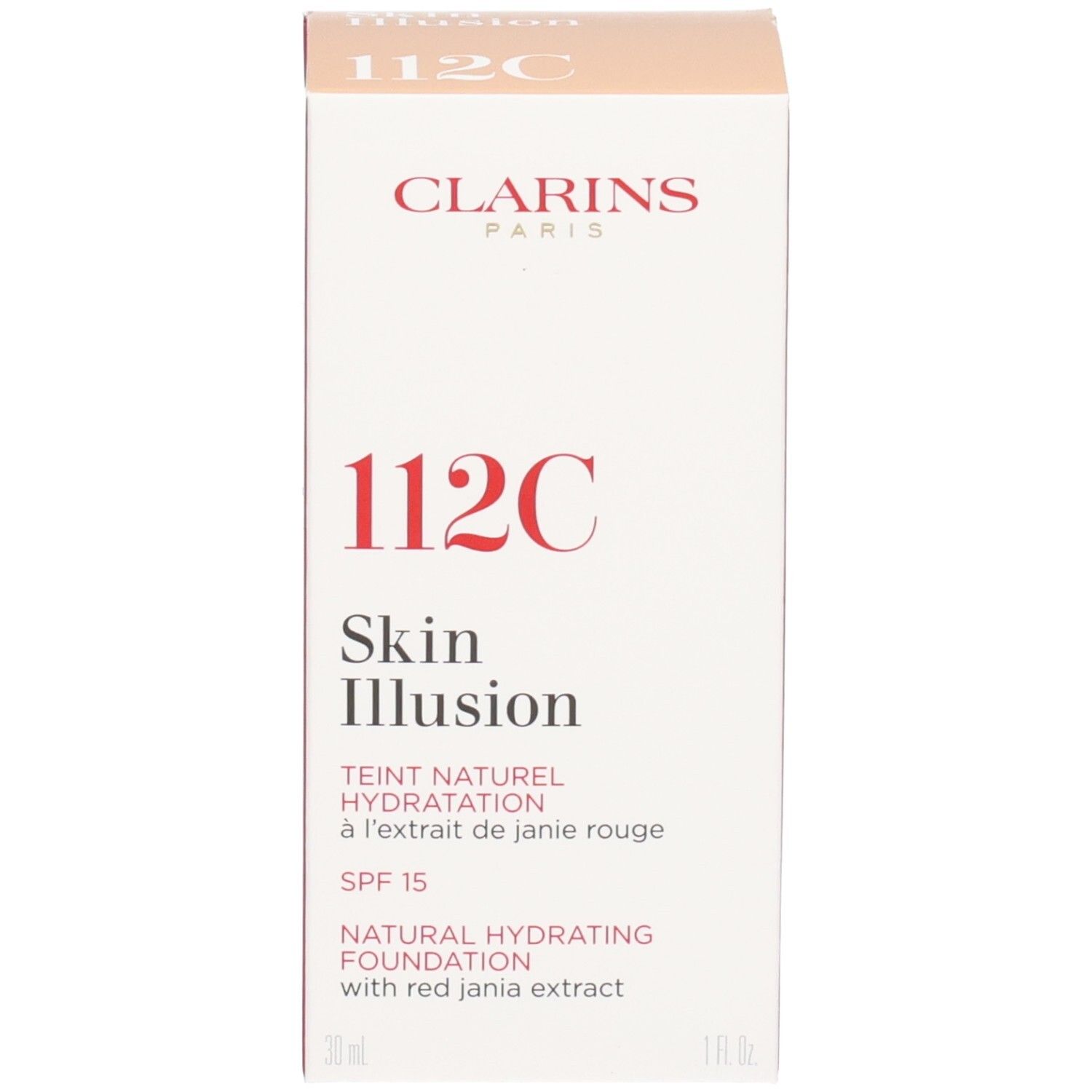 Clarins Skin Illusion Foundation 112C Amber, verpakking, SPF 15.