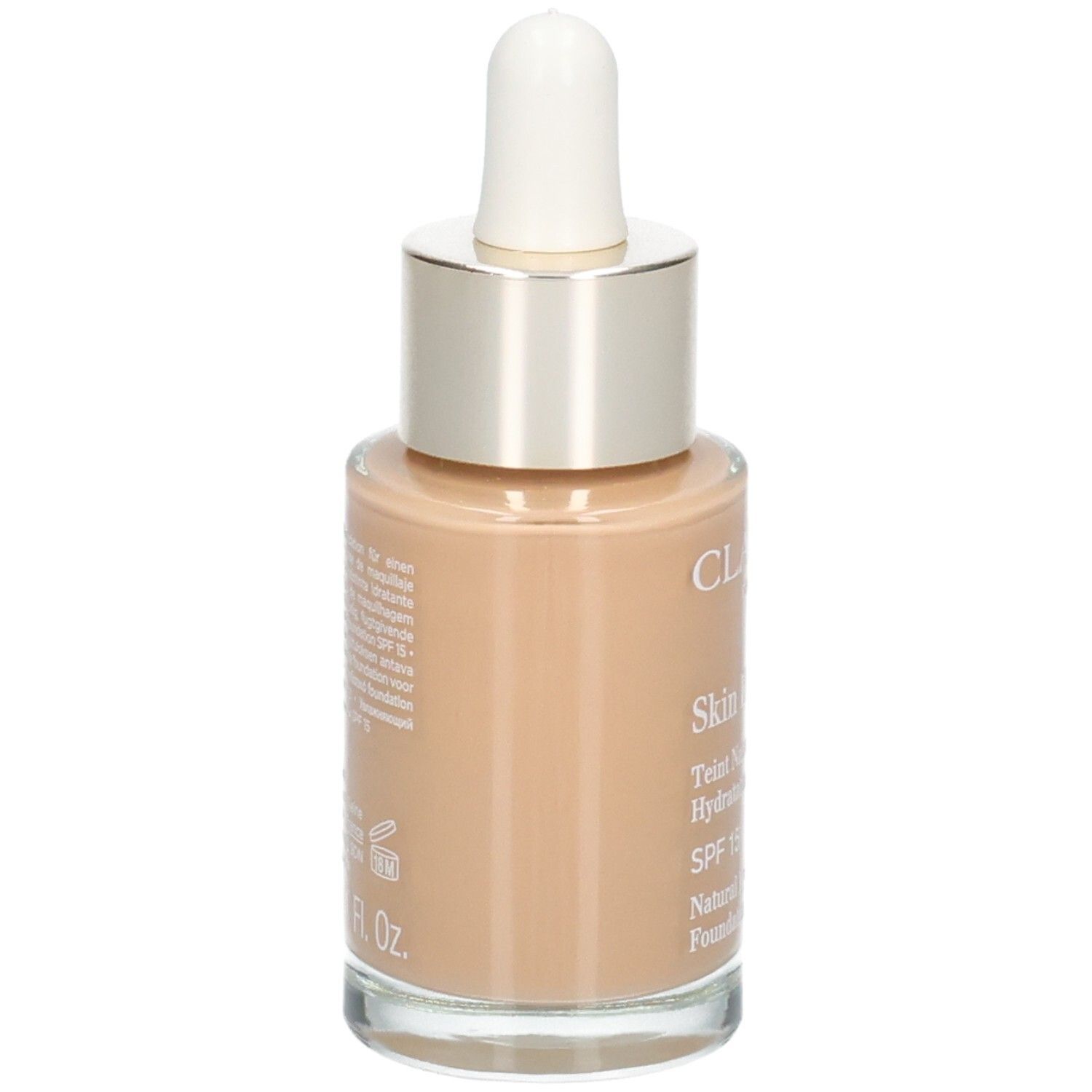 Clarins Skin Illusion Foundation, 112,3N. Achterkant van de glazen fles met druppelaar. SPF 15.