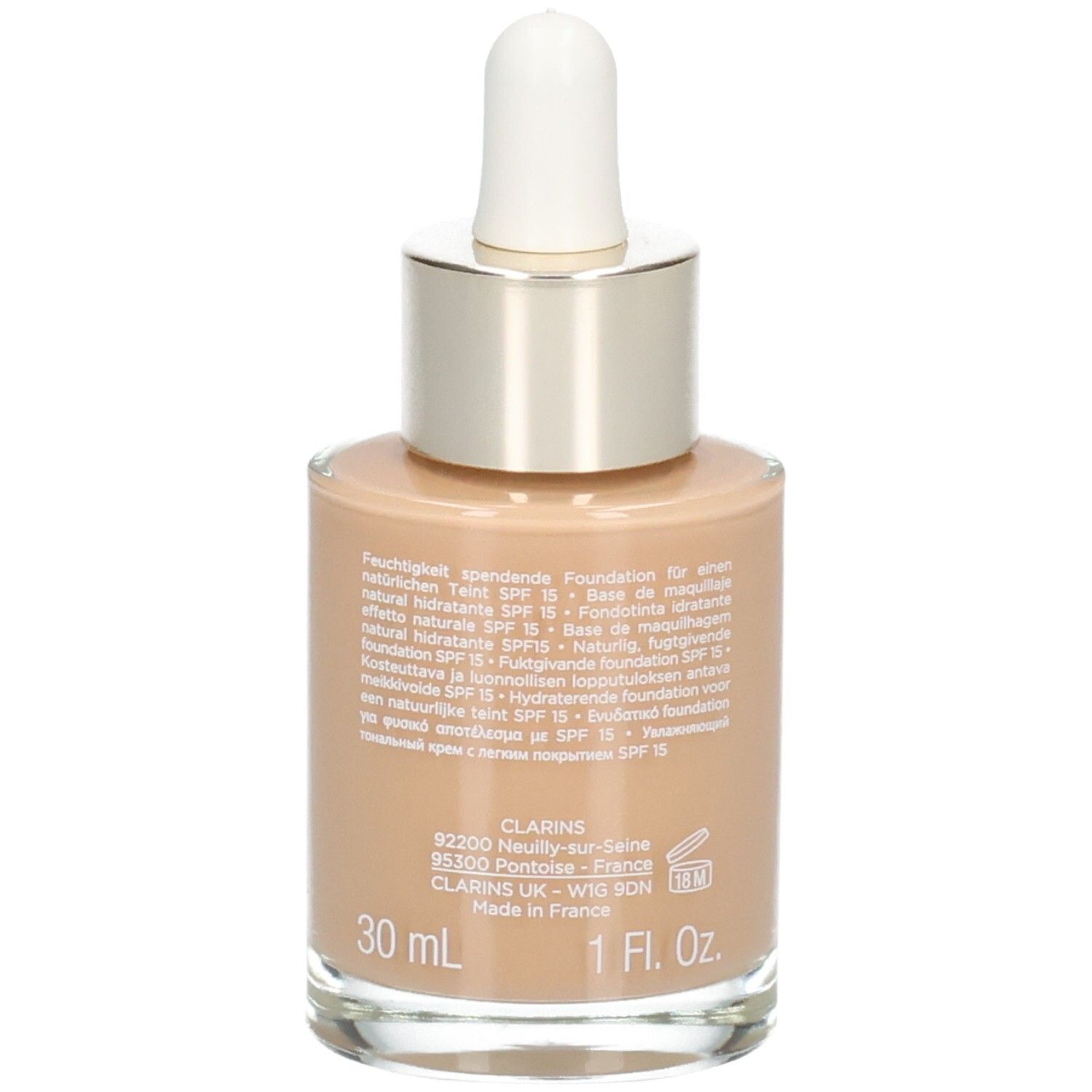 Clarins Skin Illusion Foundation, 112,3N. Glazen fles met druppelaar, 30 ml. Gemaakt in Frankrijk.