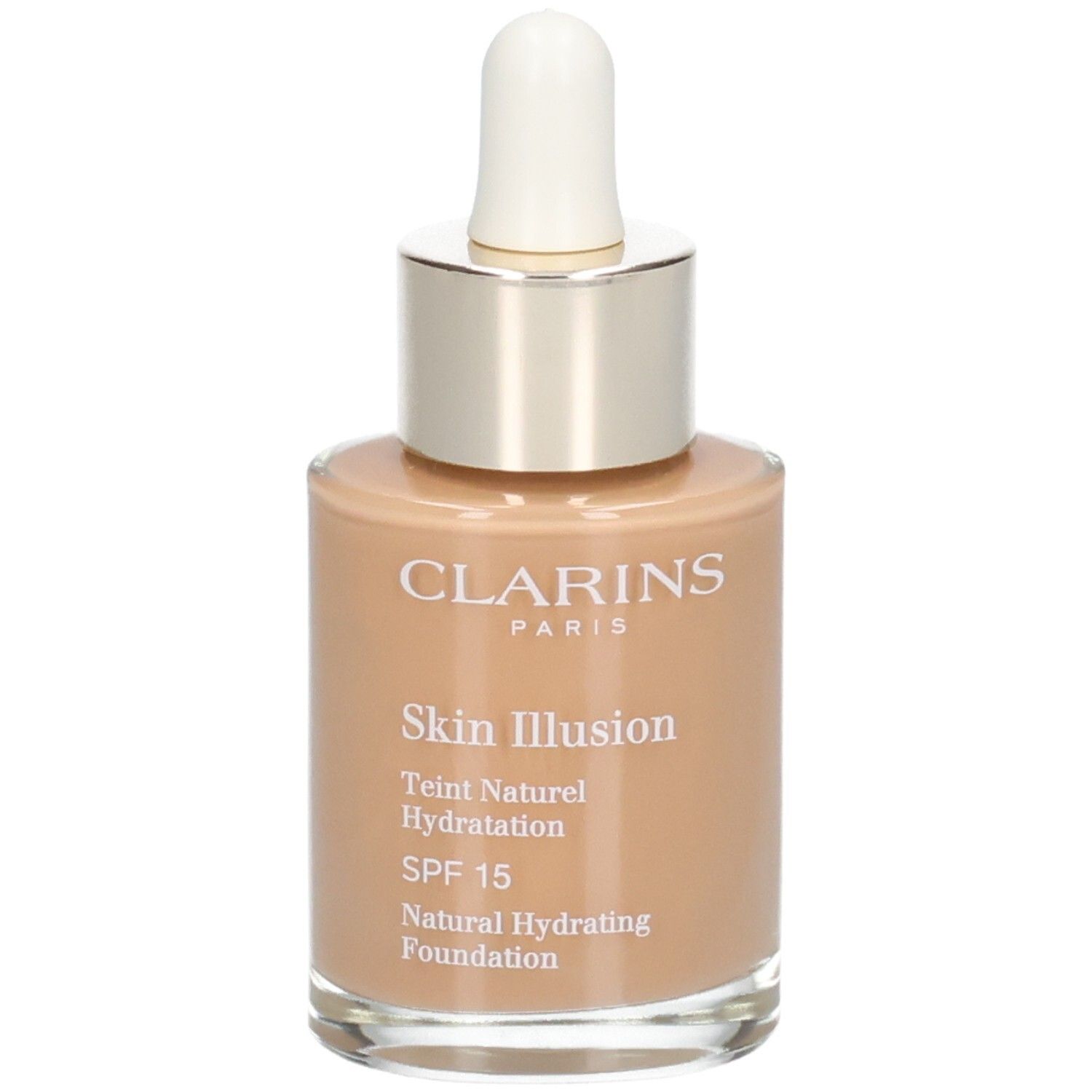 Clarins Skin Illusion foundation, tint 114C Cappuccino, met druppelaar.