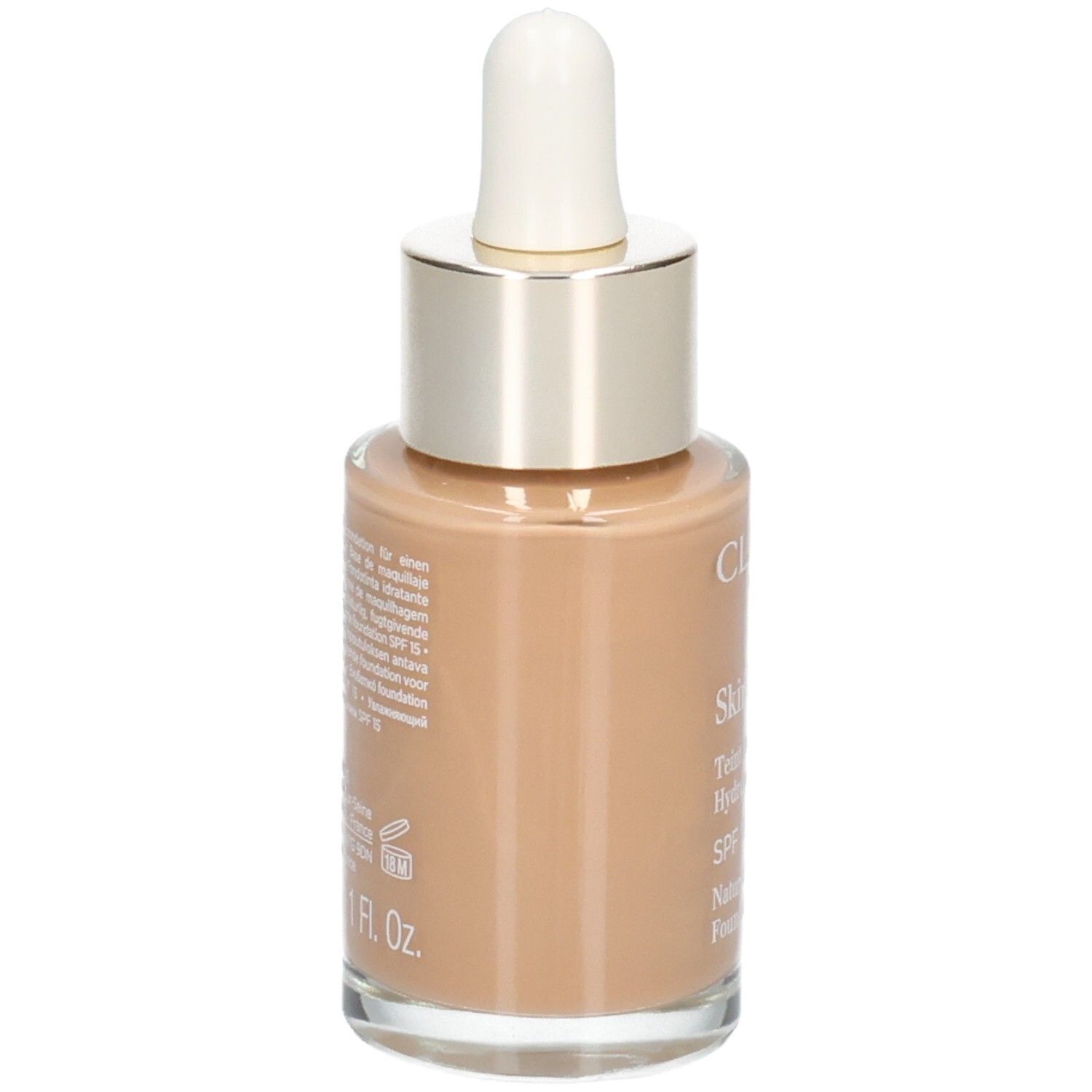 Clarins Skin Illusion foundation, tint 114C Cappuccino, achterkant met ingrediënten.