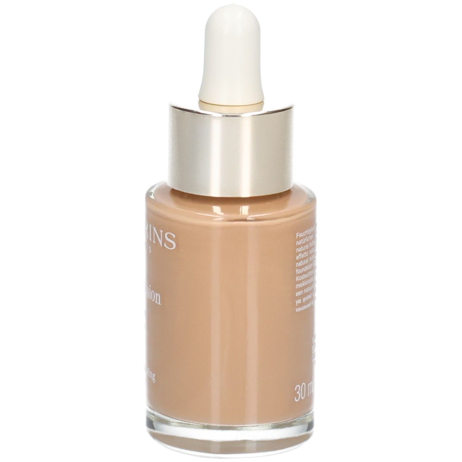 Clarins Skin Illusion foundation, tint 114C Cappuccino, glazen fles met druppelaar.