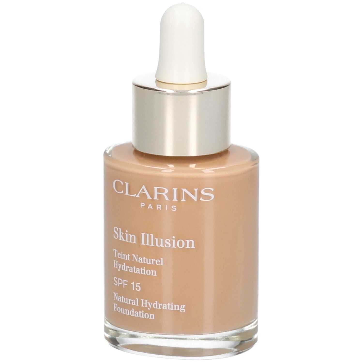 Clarins Skin Illusion foundation, tint 114C Cappuccino, met druppelaar.