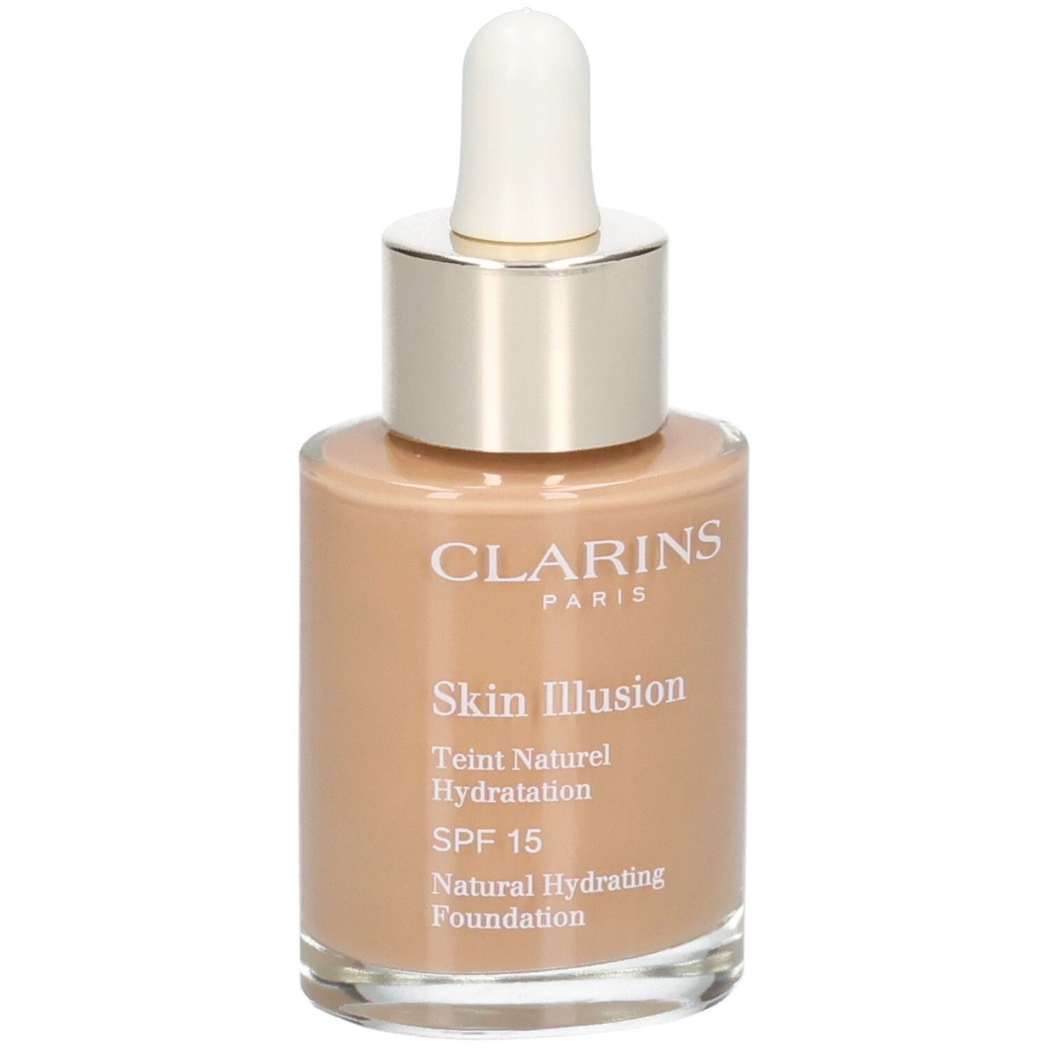 Clarins Skin Illusion foundation, tint 114C Cappuccino, met druppelaar.