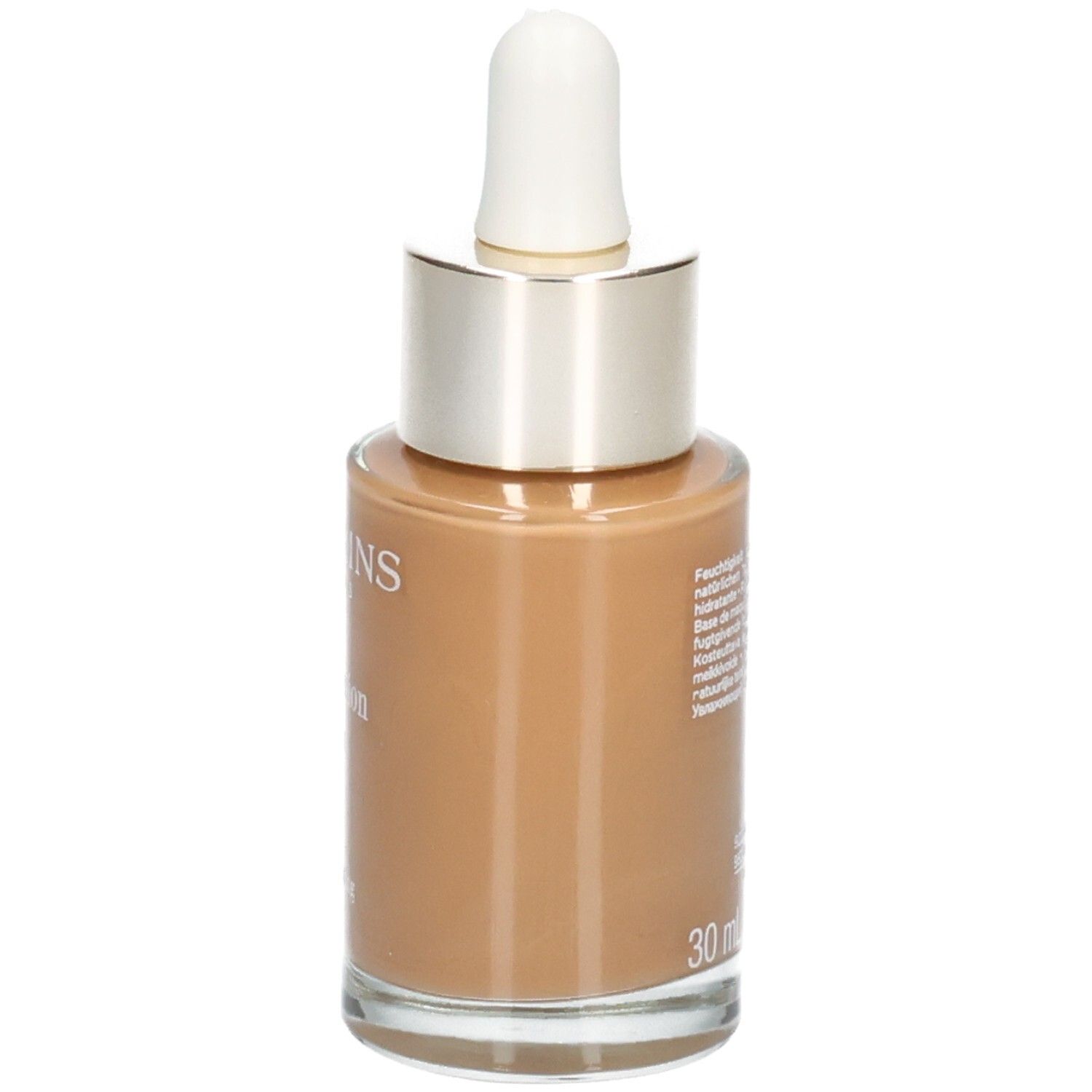 Clarins Skin Illusion Fond de Teint, flacon verre avec pipette, vue latérale, teinte 116.5 Coffee.
