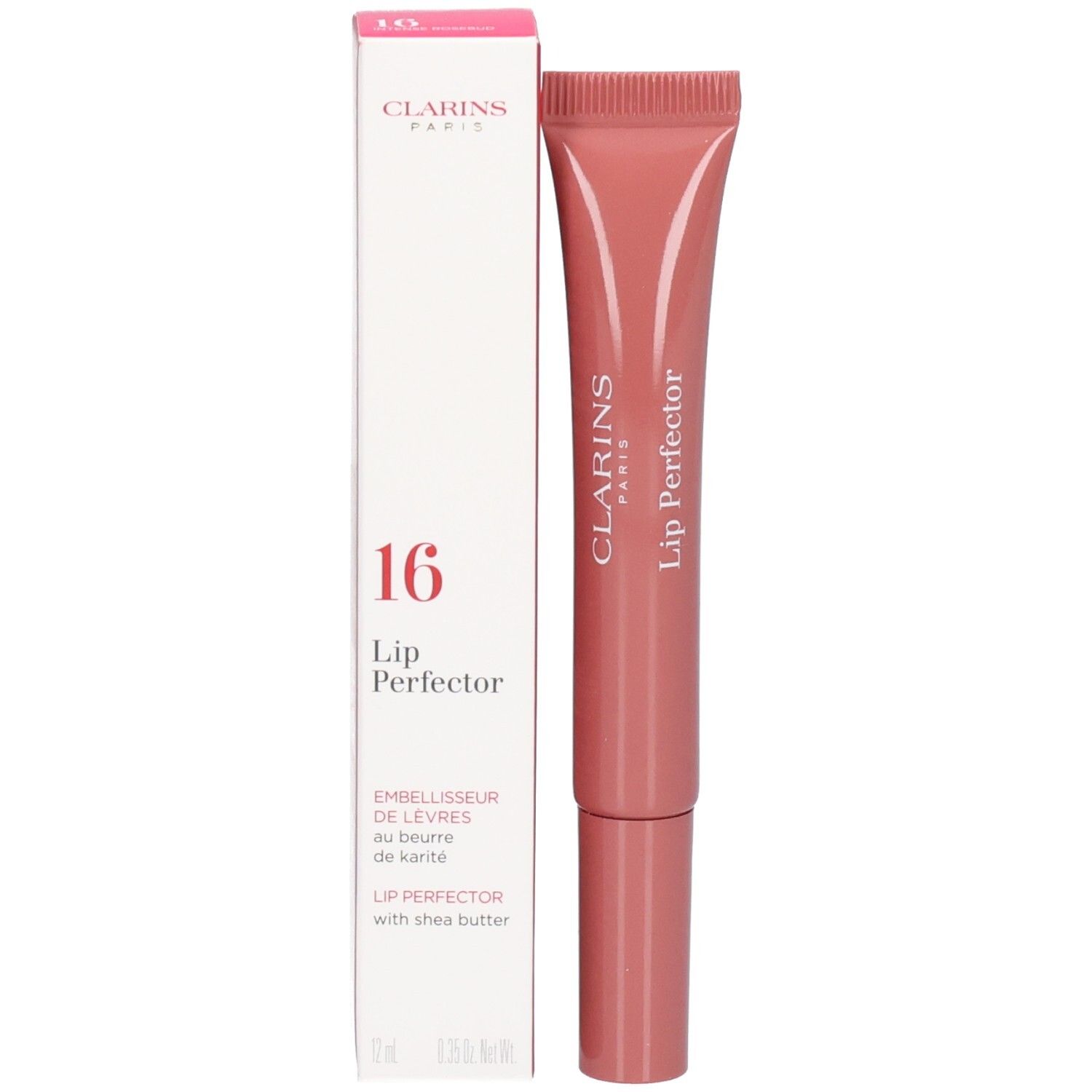 Clarins Lip Perfector 16 avec emballage et tube roses.