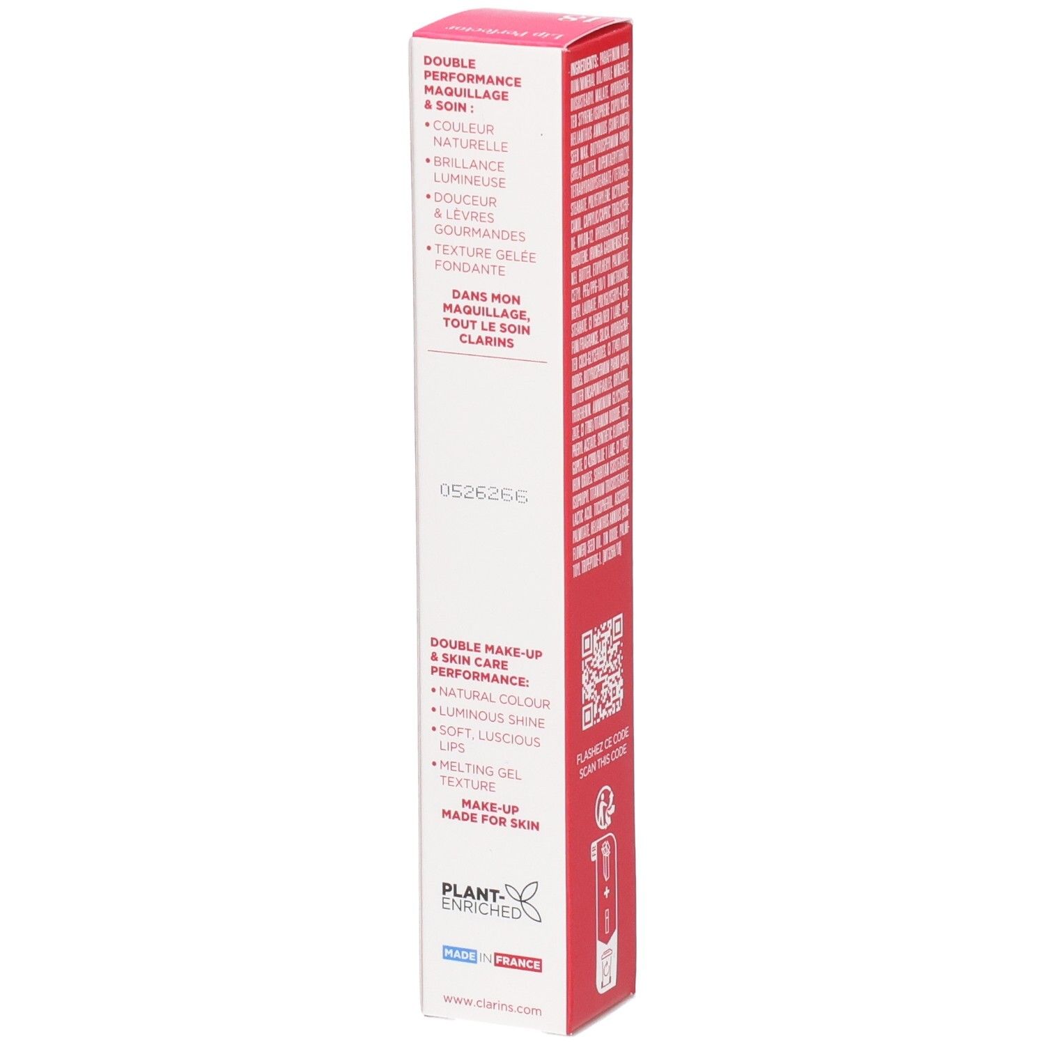 Clarins Lip Perfector 18, côté de l'emballage avec avantages produit et origine.