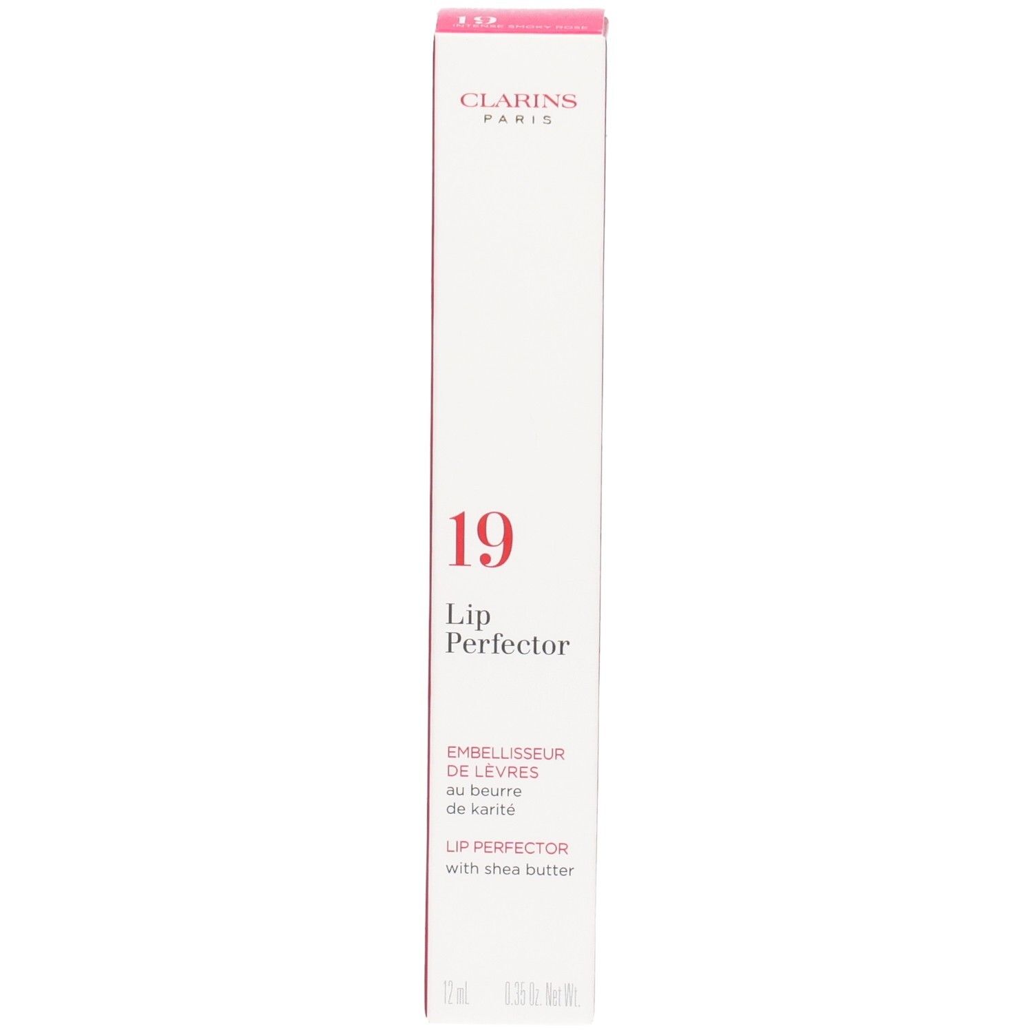 Clarins Lip Perfector 19, emballage de soin pour les lèvres au beurre de karité.