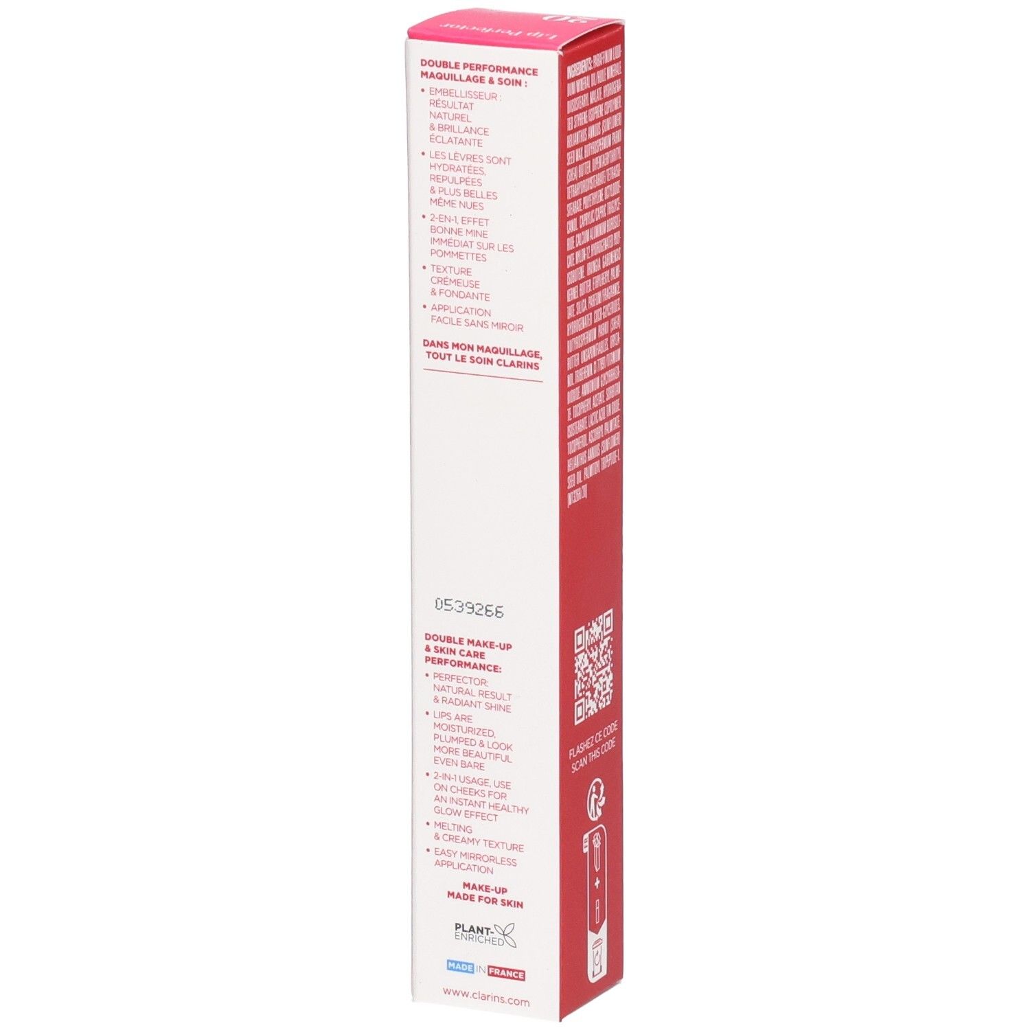 Boîte Clarins Lip Perfector 20, côté avec avantages produit et indication d'origine.