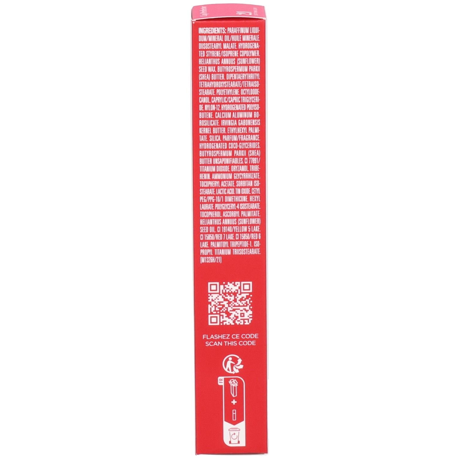 Arrière de l'emballage Clarins Lip Perfector 21 Soft Pink Glow avec ingrédients et QR code.