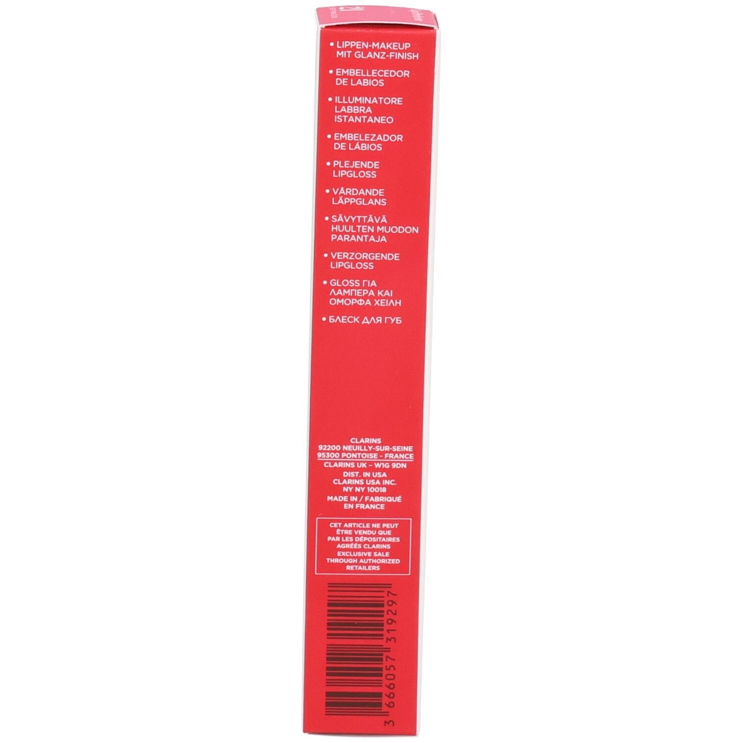 Côté de l'emballage Clarins Lip Perfector 21 Soft Pink Glow avec avantages produit en plusieurs langues.
