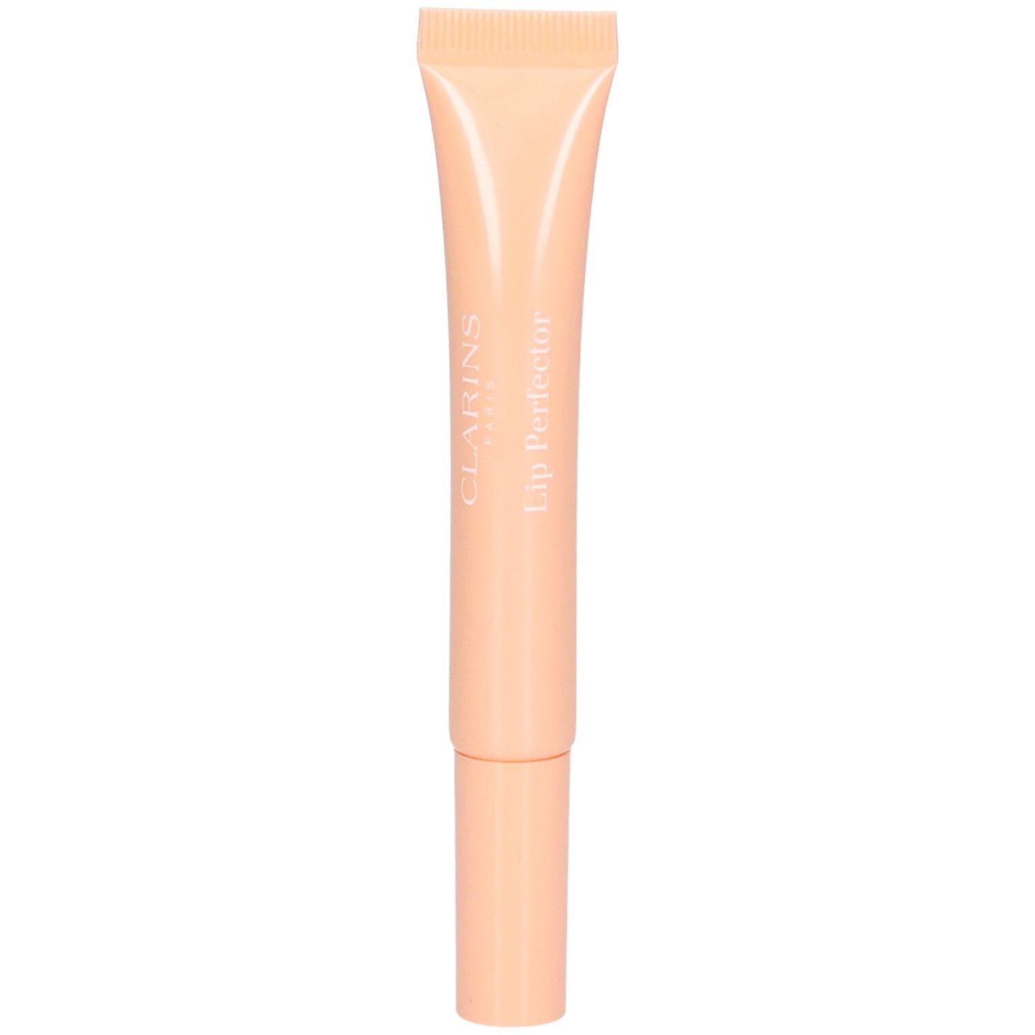 Clarins Lip Perfector teinte pêche avec applicateur et capuchon.