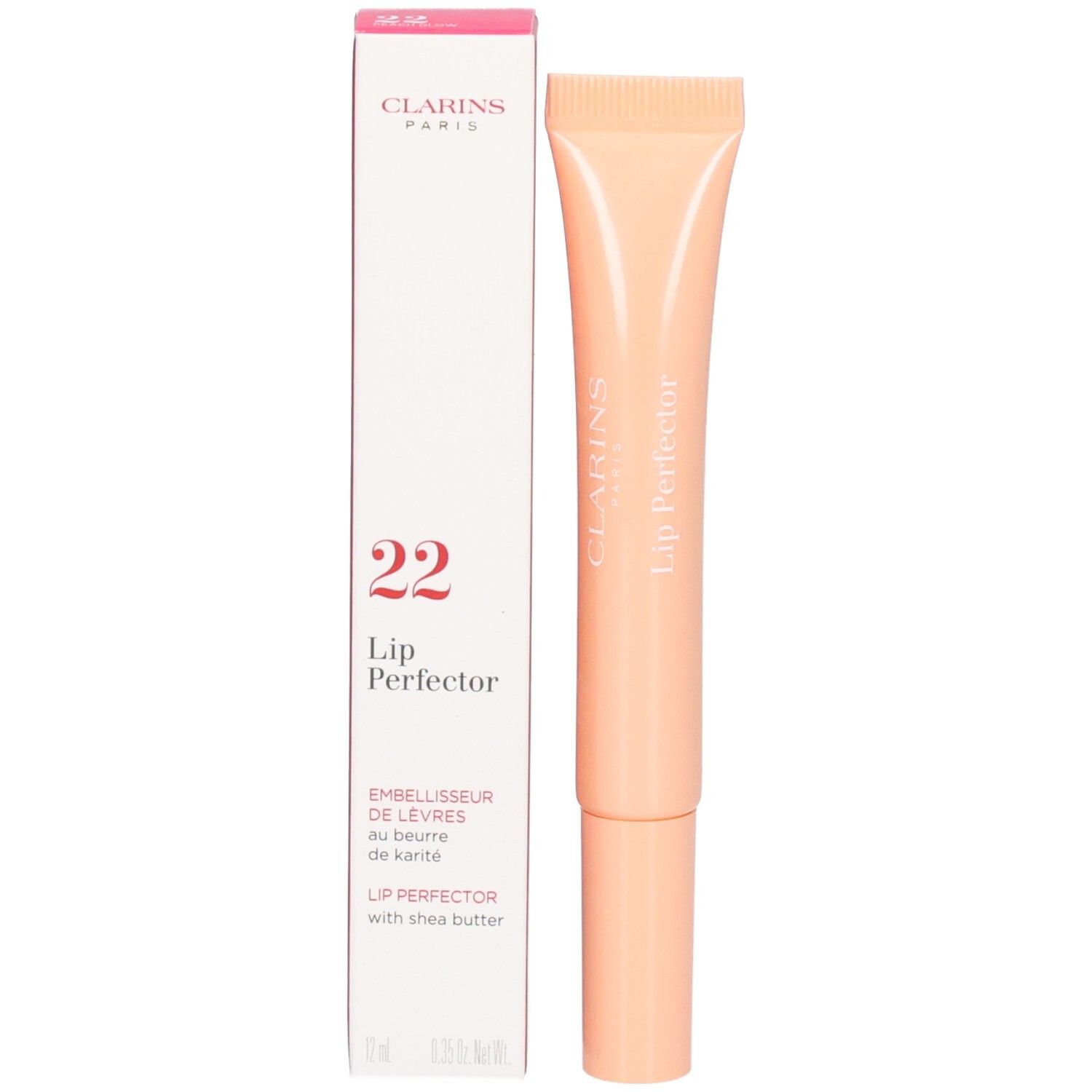 Clarins Lip Perfector (n° 22) avec emballage extérieur, contient du beurre de karité.