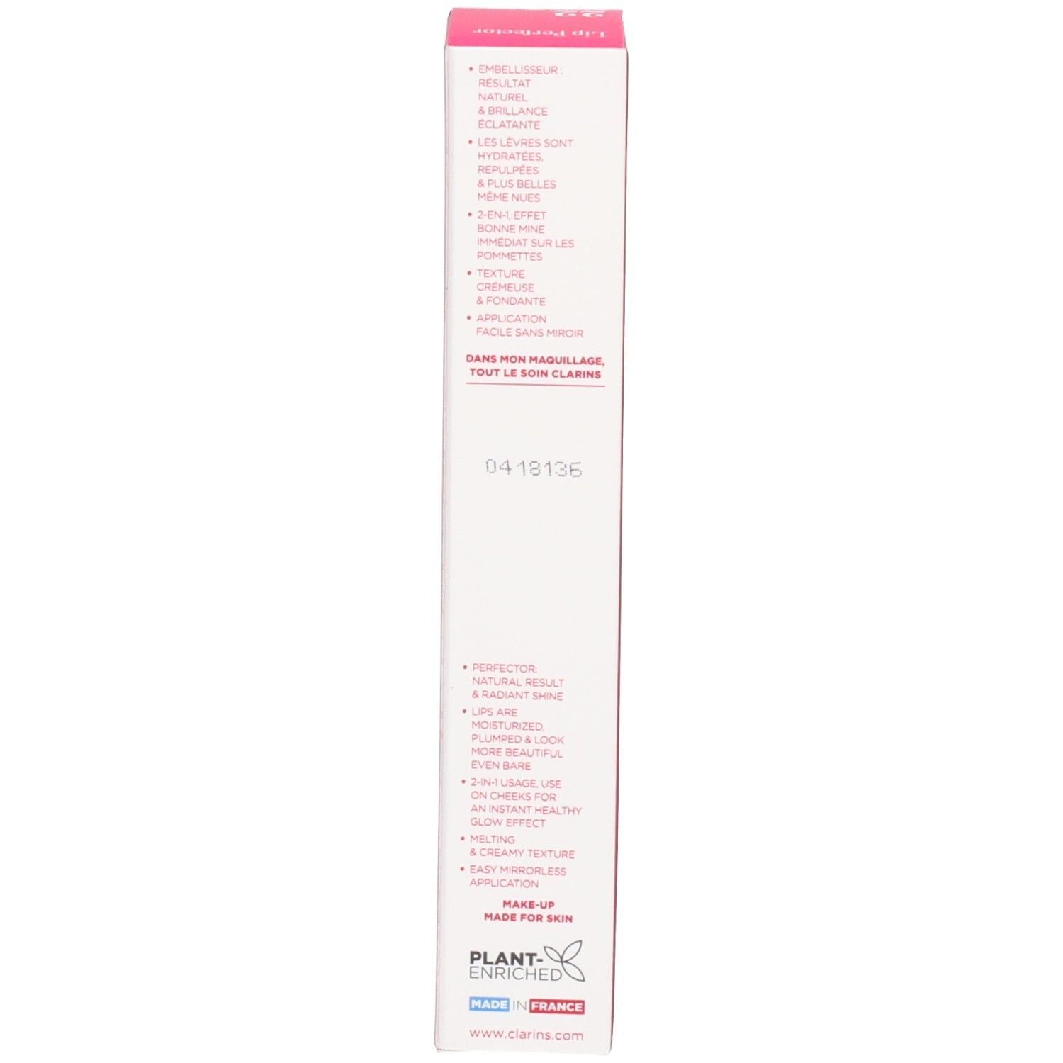 Emballage extérieur Clarins Lip Perfector, côté avec avantages produit et 'Plant-Enriched'.