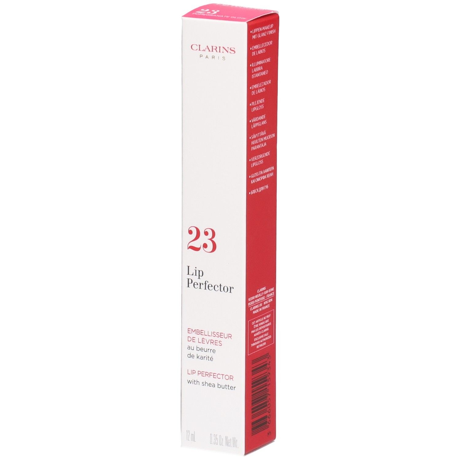 Clarins Lip Perfector 23 buitenverpakking met productinformatie en barcode.