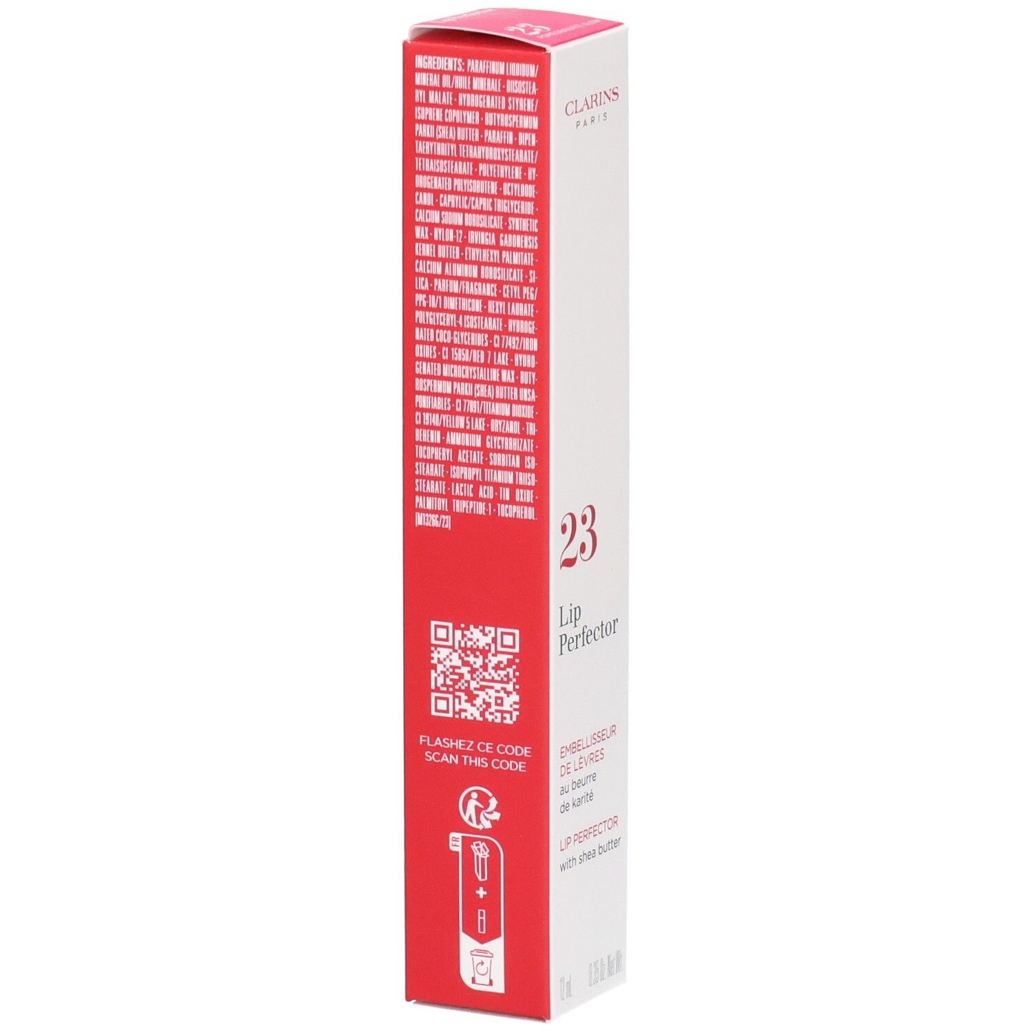 Clarins Lip Perfector 23 buitenverpakking met ingrediënten, QR-code en gebruiksinstructies.