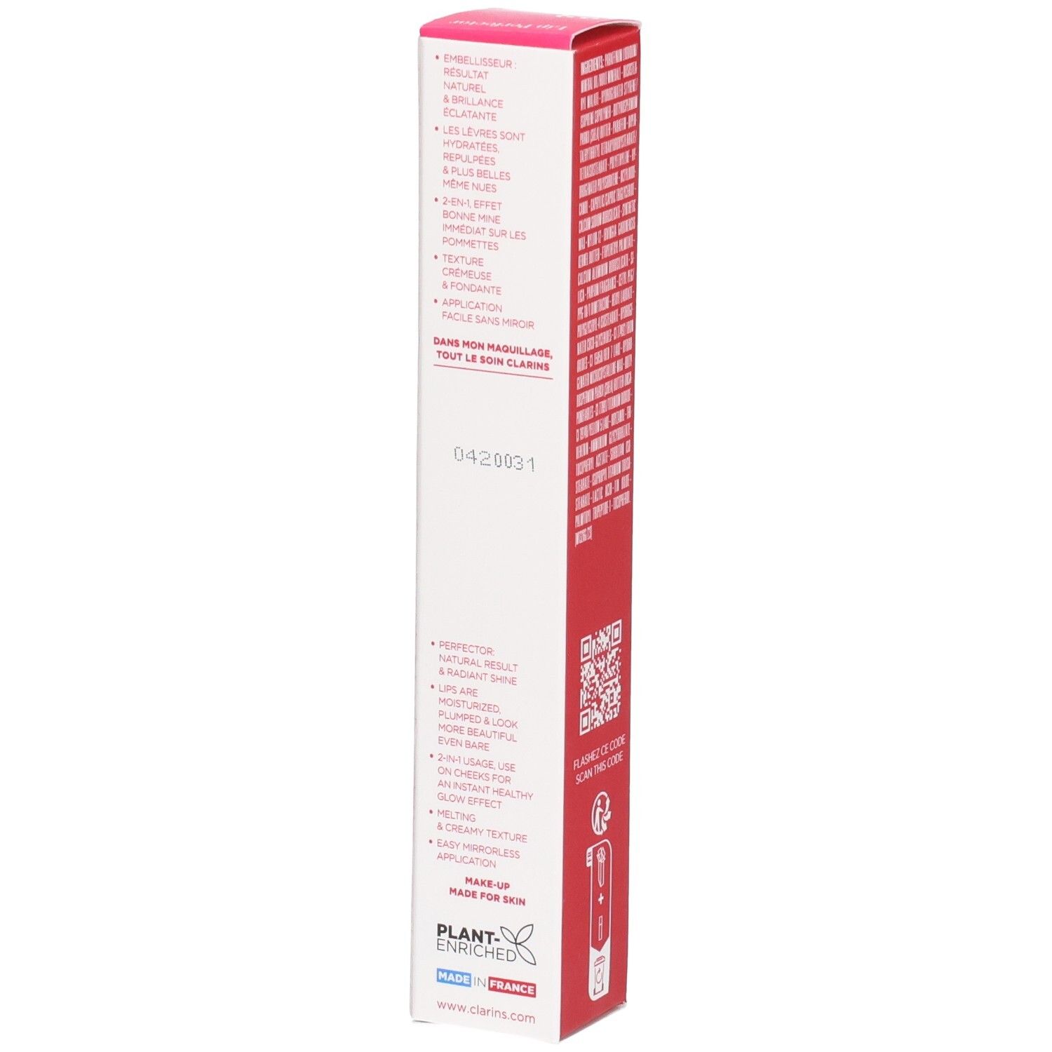 Clarins Lip Perfector 23 buitenverpakking met productvoordelen en herkomstindicatie.