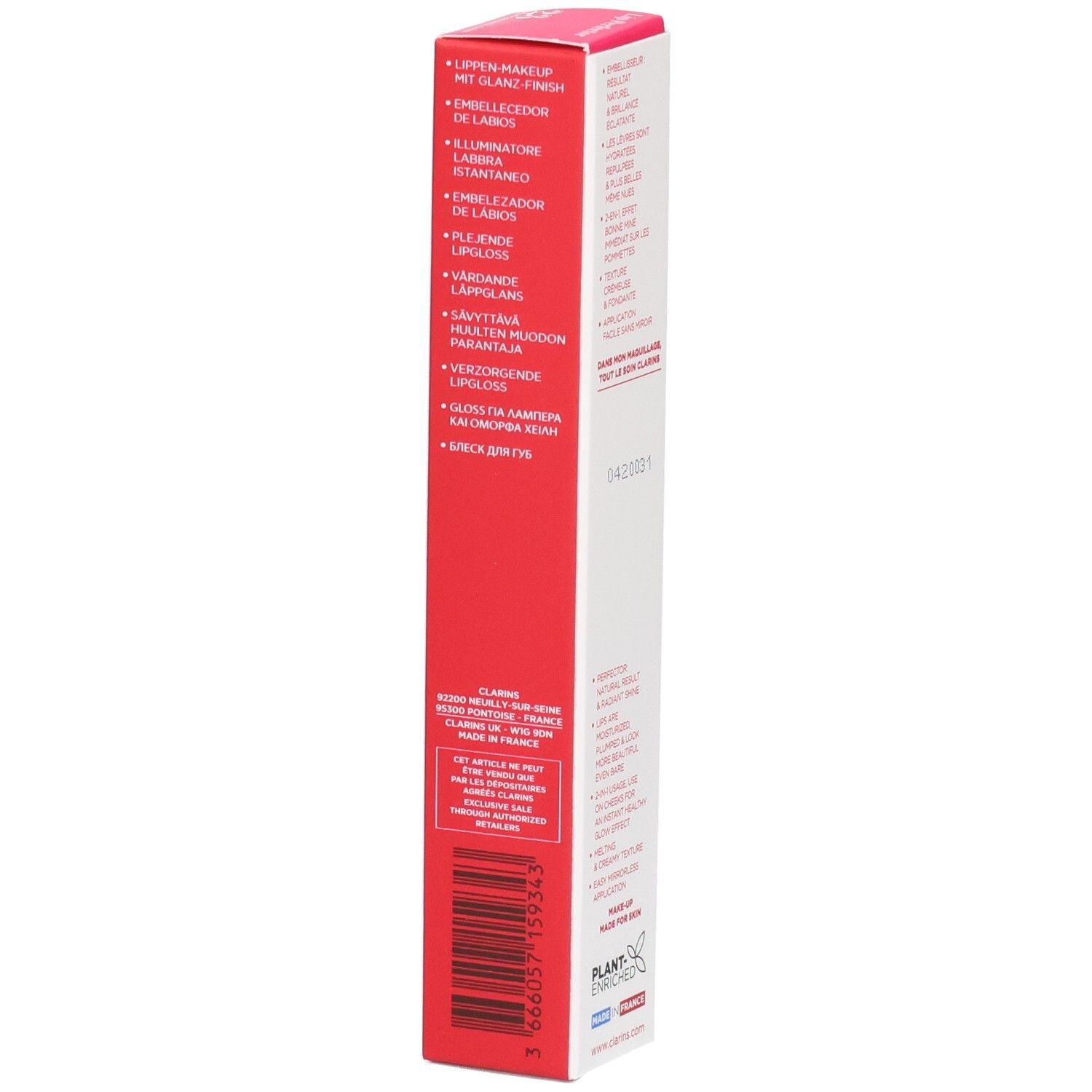 Clarins Lip Perfector 23 buitenverpakking met meertalige productomschrijving en barcode.