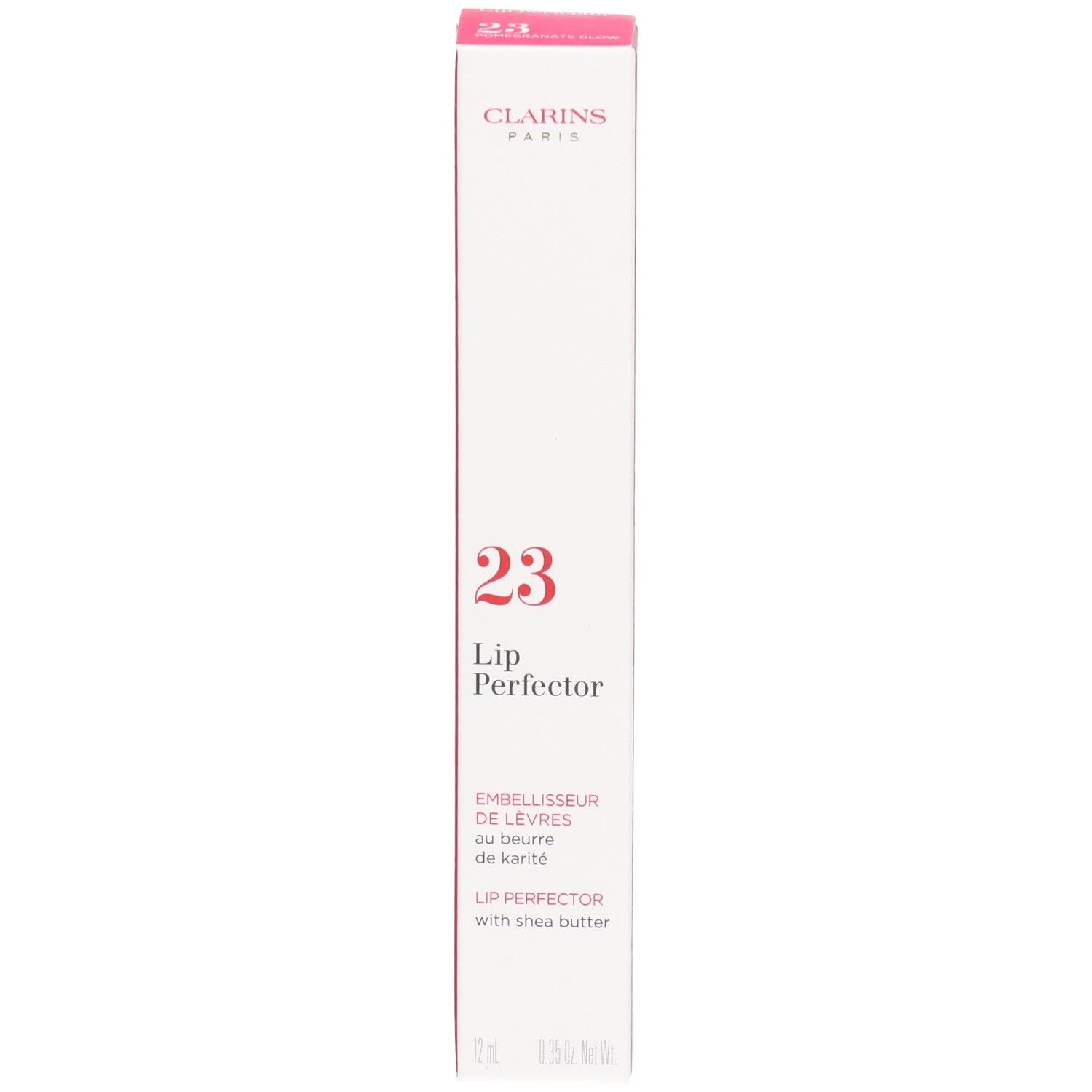 Clarins Lip Perfector 23 buitenverpakking met productinformatie, nummer 23 en merk.