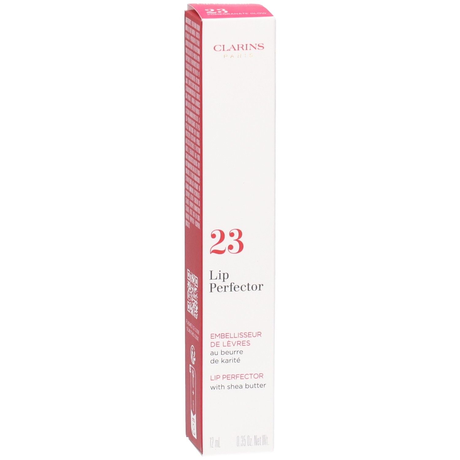 Clarins Lip Perfector 23 buitenverpakking met productinformatie, nummer 23 en merk.