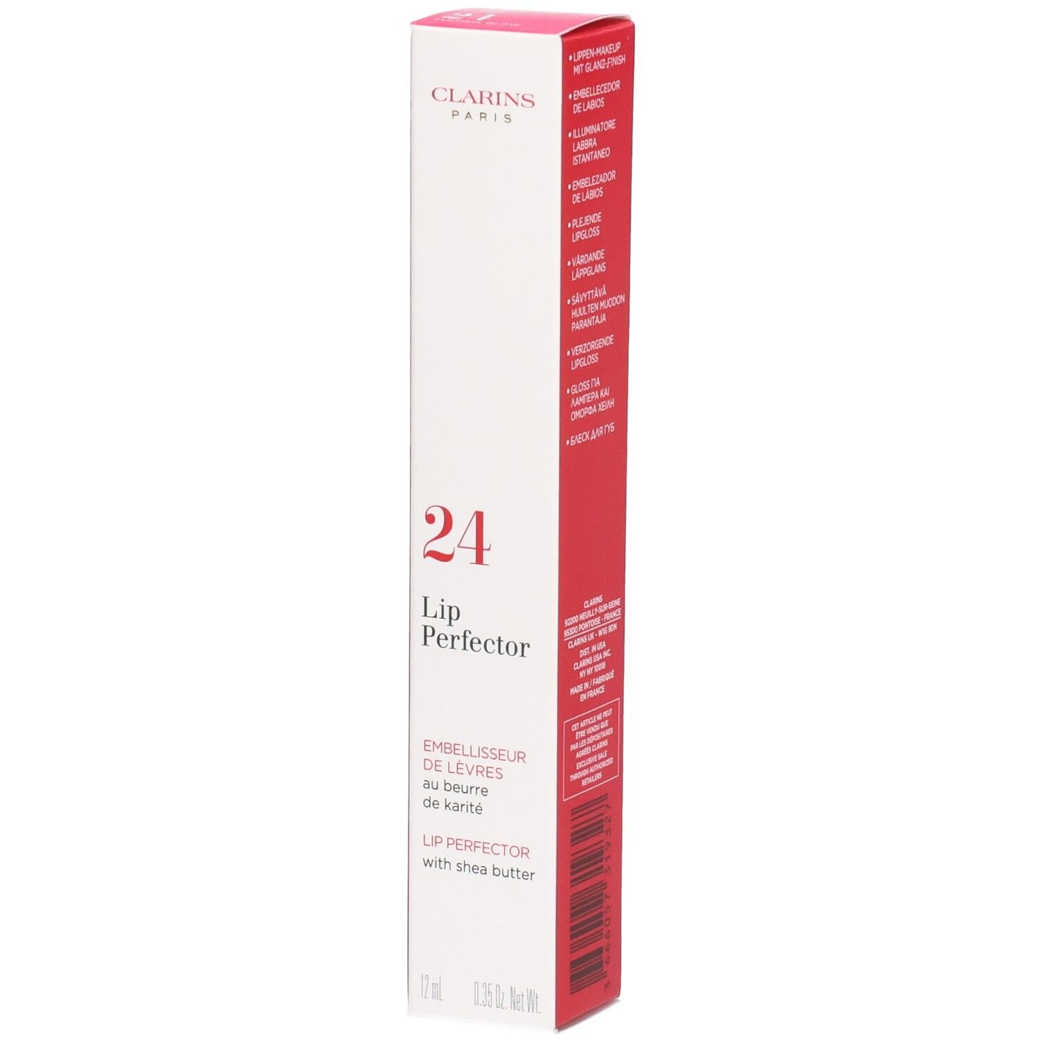 Clarins Lip Perfector 24h verpakking met karitéboter. Rode en witte doos met productinformatie.