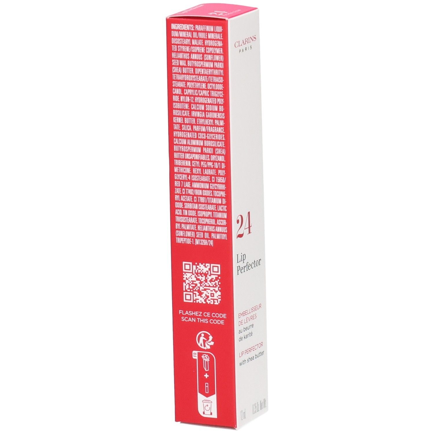Clarins Lip Perfector 24h verpakking achterkant met ingrediënten en QR-code. Rode en witte doos.
