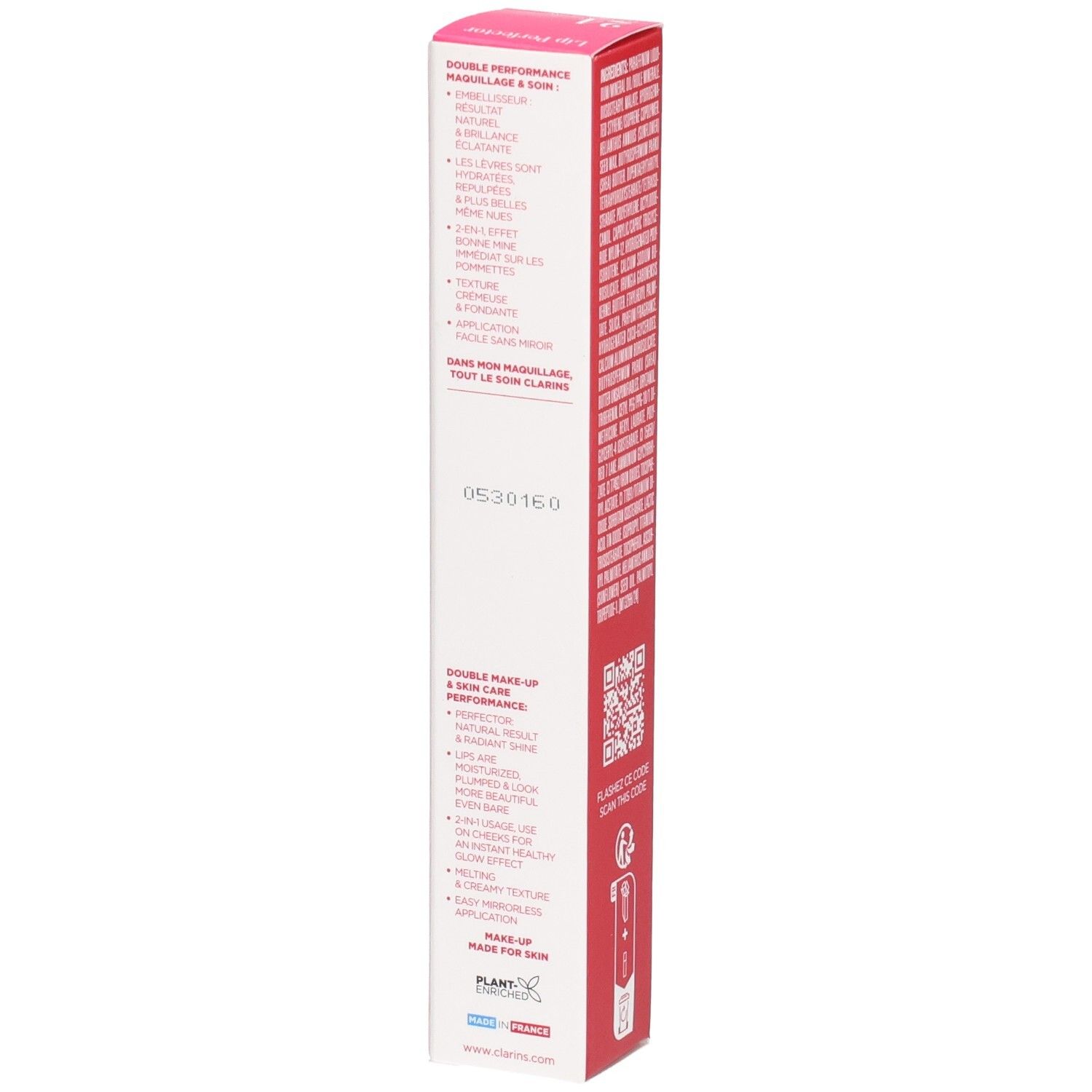 Clarins Lip Perfector 24h verpakking zijkant met productvoordelen en barcode. Rode en witte doos.