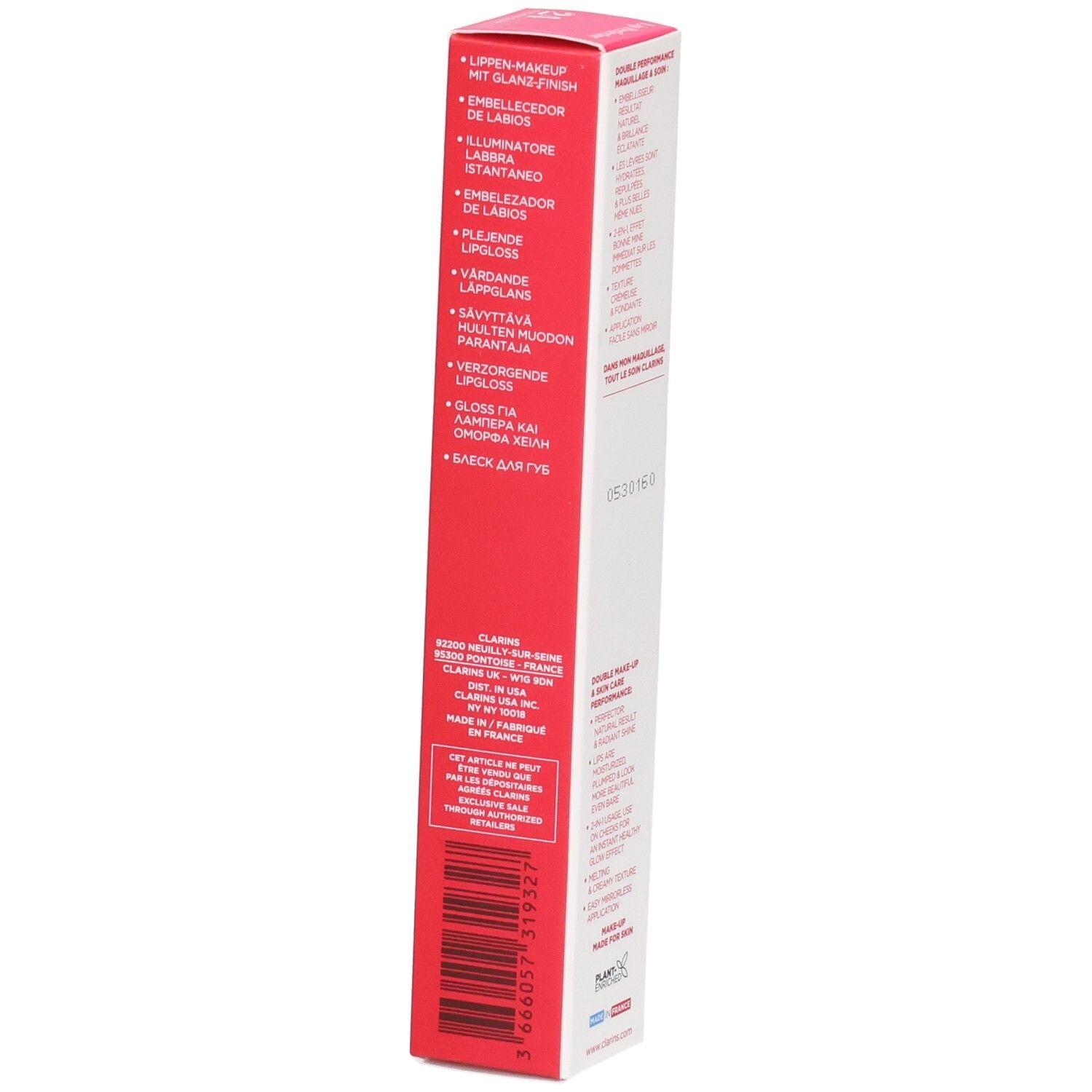 Clarins Lip Perfector 24h verpakking zijkant met meertalige productbeschrijvingen. Rode en witte doos.