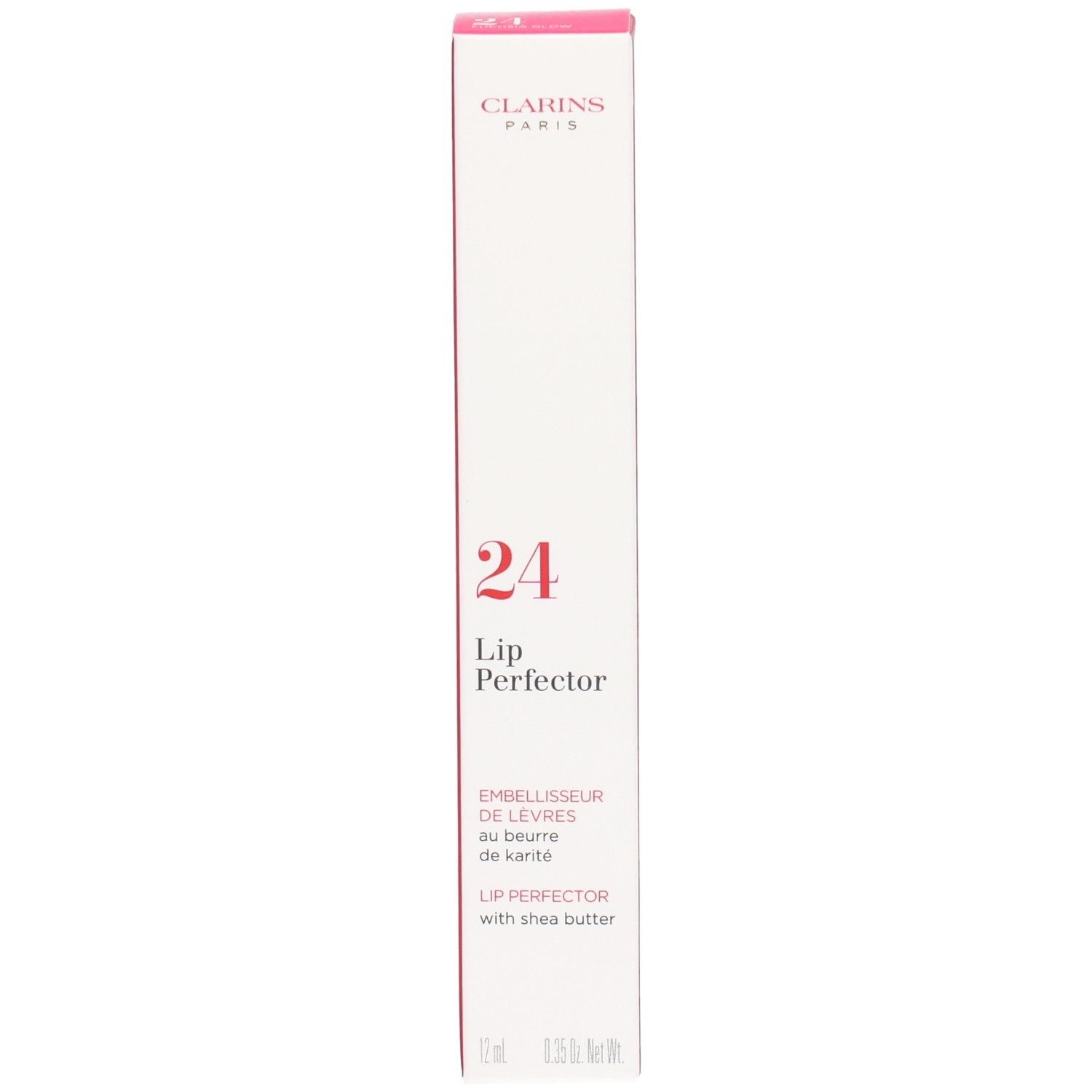 Clarins Lip Perfector 24h verpakking voorzijde met productnaam en karitéboter vermelding. Rode en witte doos.