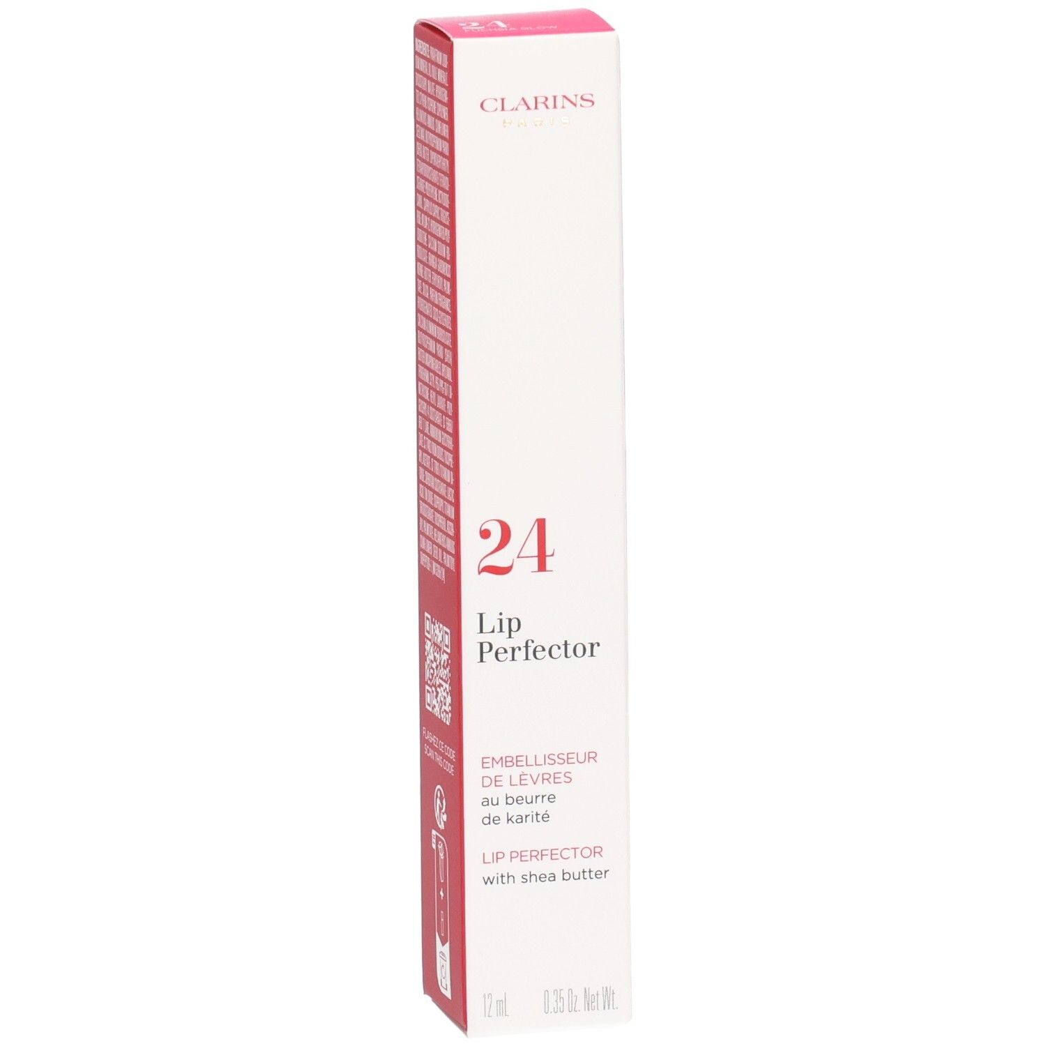 Clarins Lip Perfector 24h verpakking voorzijde met productnaam en karitéboter vermelding. Rode en witte doos.