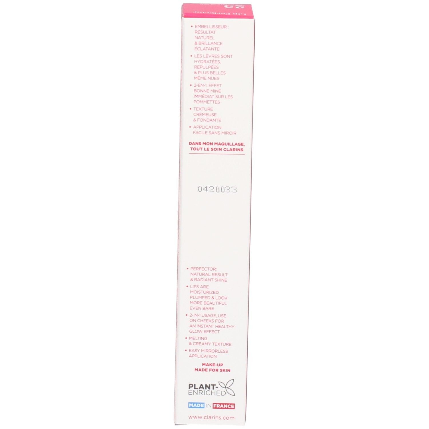 Clarins Lip Perfector, boîte, côté avec informations produit.