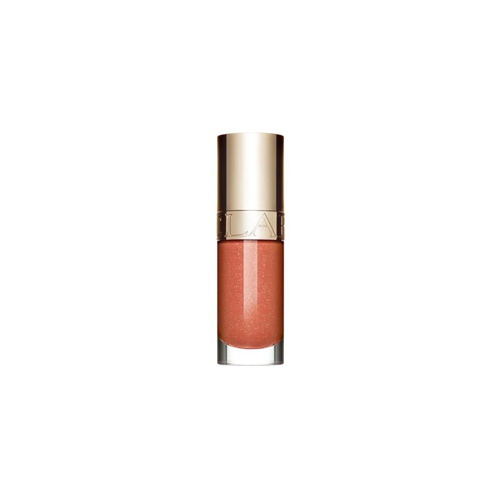 Clarins Lip Comfort Oil fles met gouden dop op witte achtergrond.