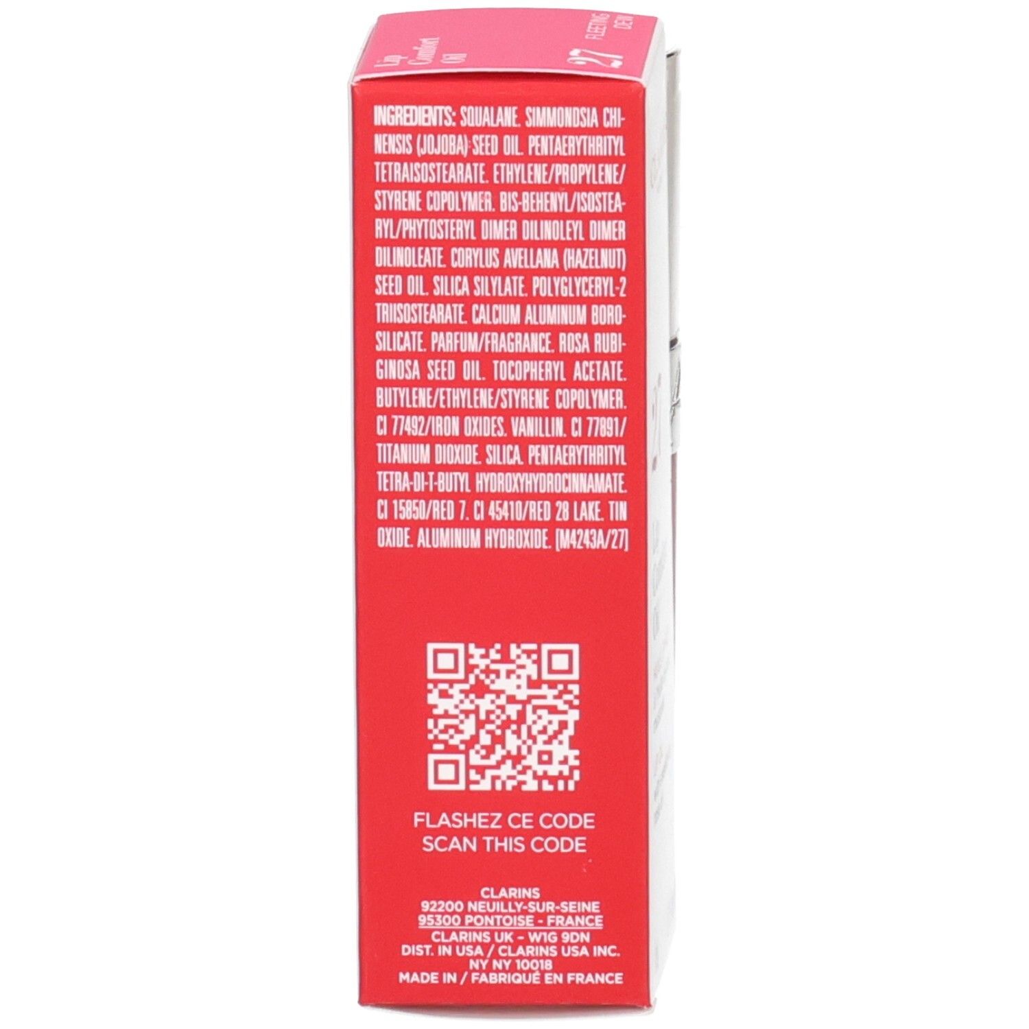 Achterkant van de Clarins Lip Comfort Oil verpakking met ingrediënten en QR-code.