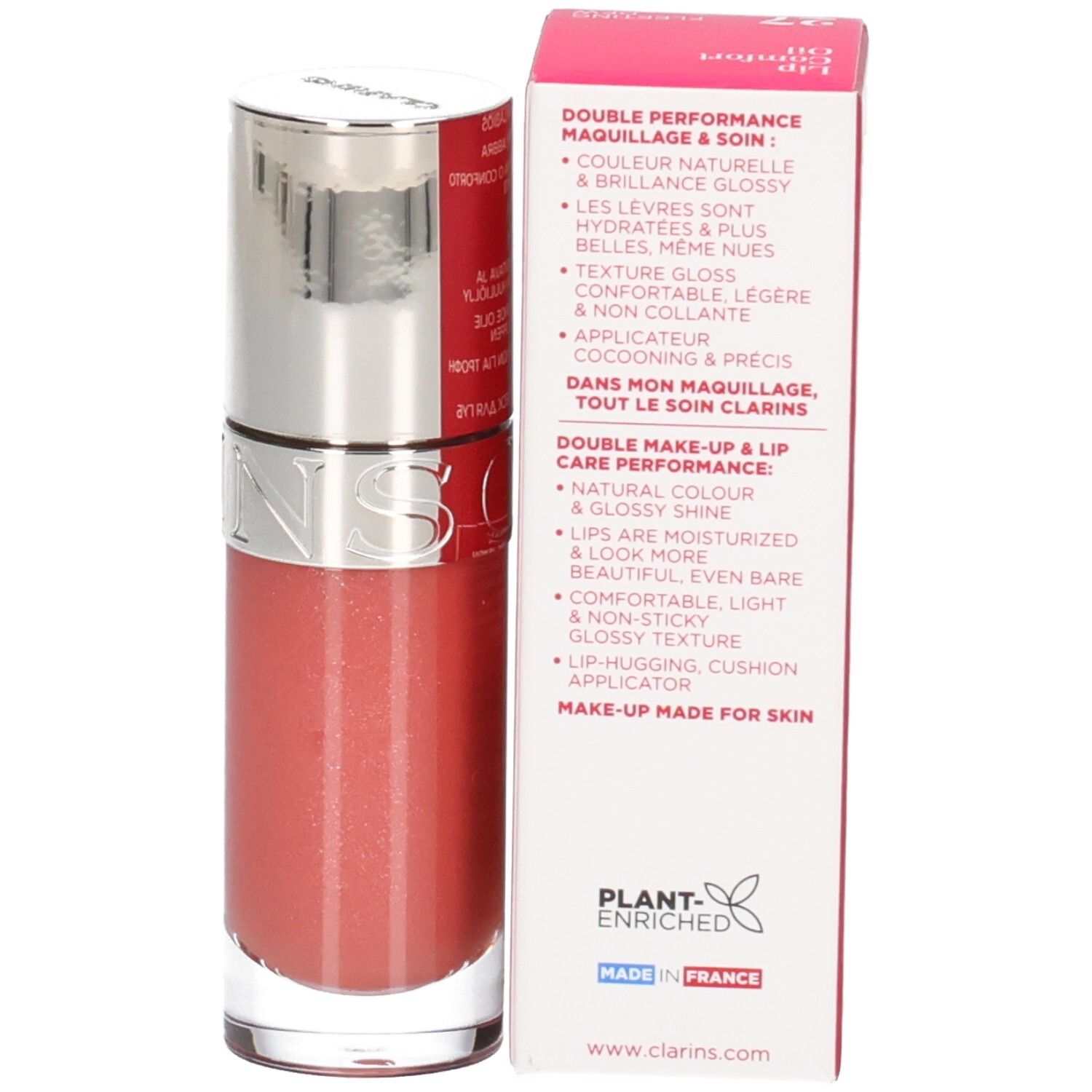 Clarins Lip Comfort Oil fles en verpakking met productvoordelen in het Frans.