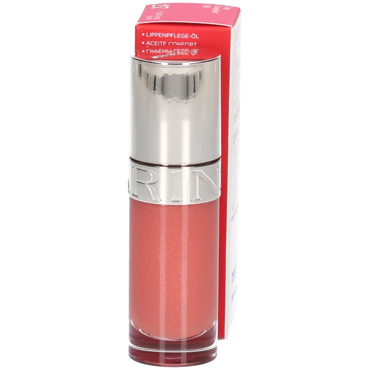 Clarins Lip Comfort Oil fles en verpakking met productinformatie in het Duits.