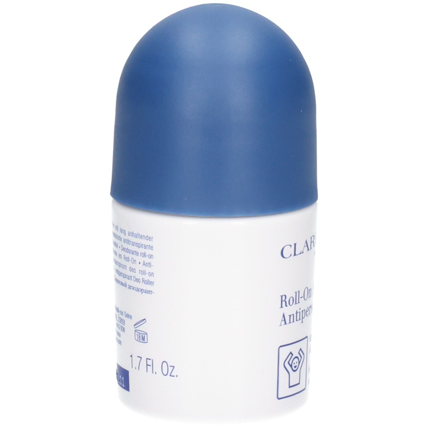 Clarins Men Roll-On Anti-Transpirant, zijkant met 50 ml en 1.7 Fl. Oz. aanduiding.