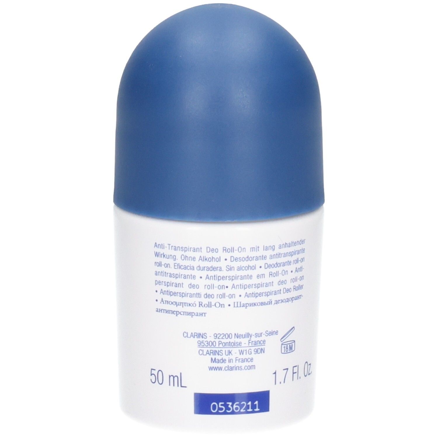 Clarins Men Roll-On Anti-Transpirant, achterkant met instructies en 50 ml aanduiding.