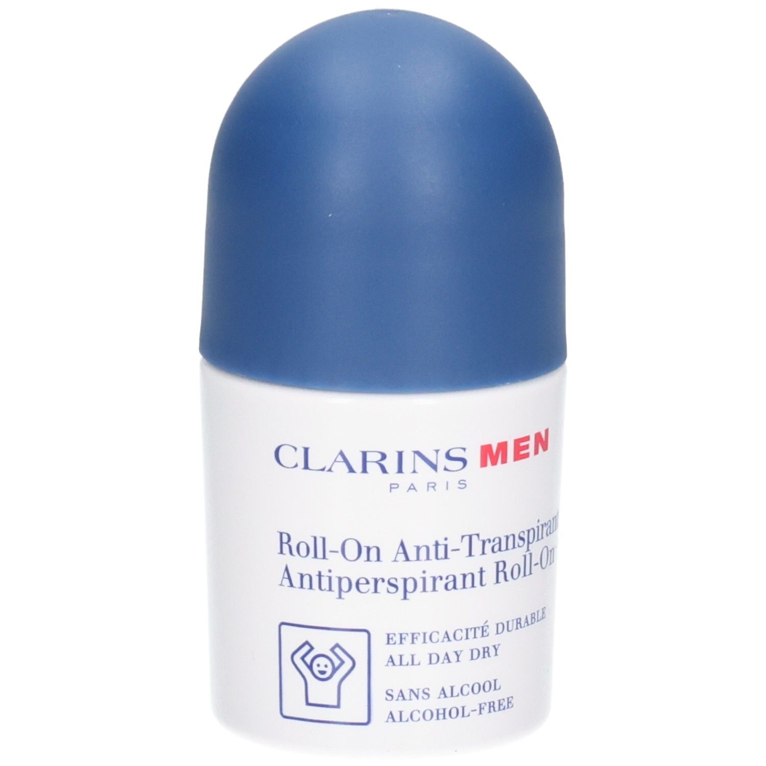 Clarins Men Roll-On Anti-Transpirant, witte fles met blauwe dop. "SANS ALCOOL".