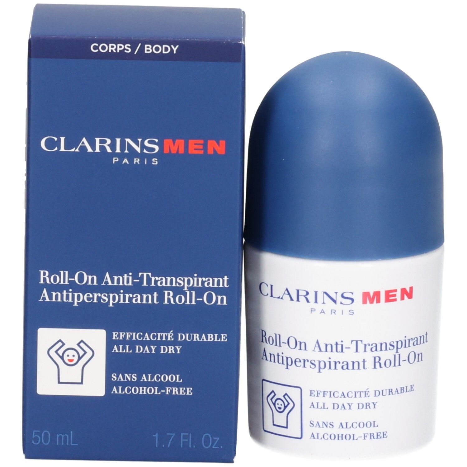 Clarins Men Roll-On Anti-Transpirant en verpakking. "CLARINS MEN" logo zichtbaar.