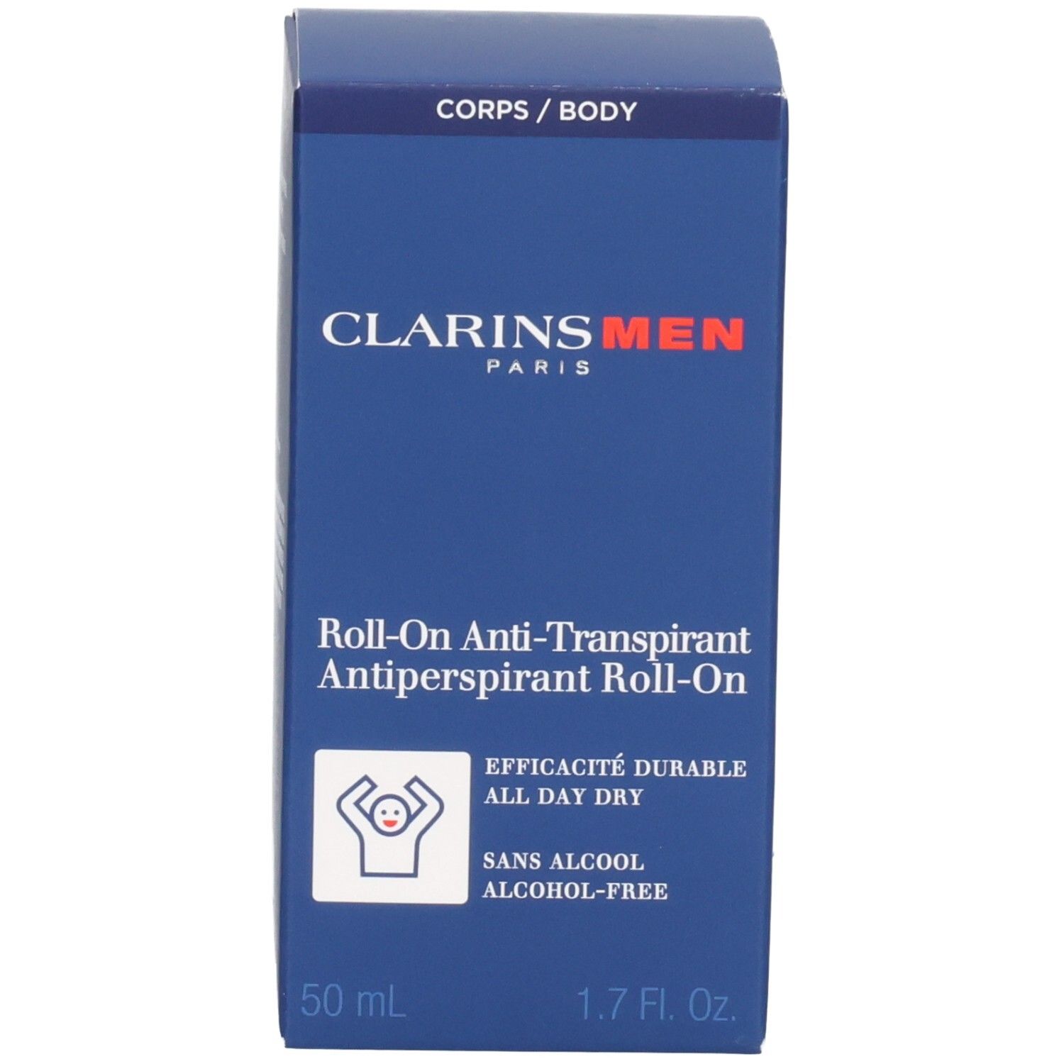 Verpakking Clarins Men Roll-On Anti-Transpirant. "CORPS / BODY" en "50 ml" aanduiding.