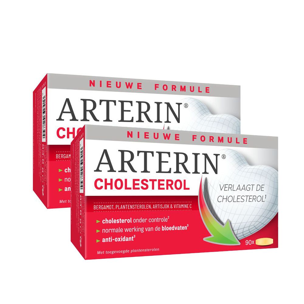 Twee dozen Arterin® Cholestérol. Rode en witte verpakking met productnaam en informatie. 90 tabletten.