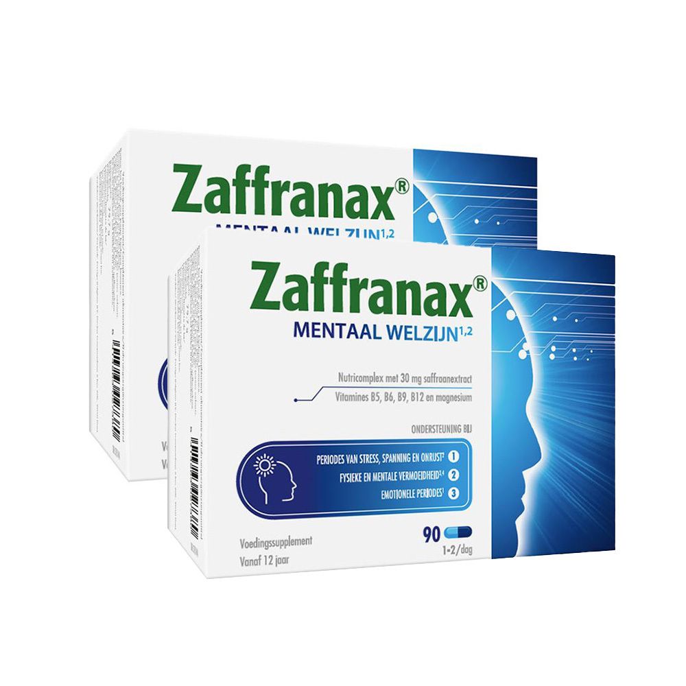 Zaffranax Mentaal Welzijn. Dozen met tabletten. Opschrift: 90 tabletten. Voedingssupplement.